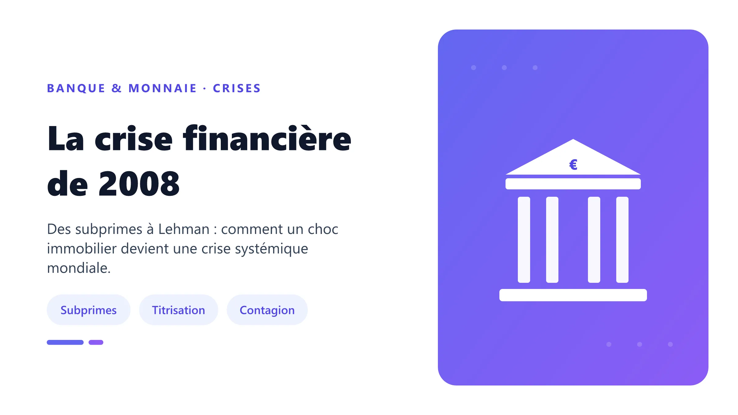 La crise financière de 2008 Crise de 2008 : subprimes, titrisation et contagion bancaire.