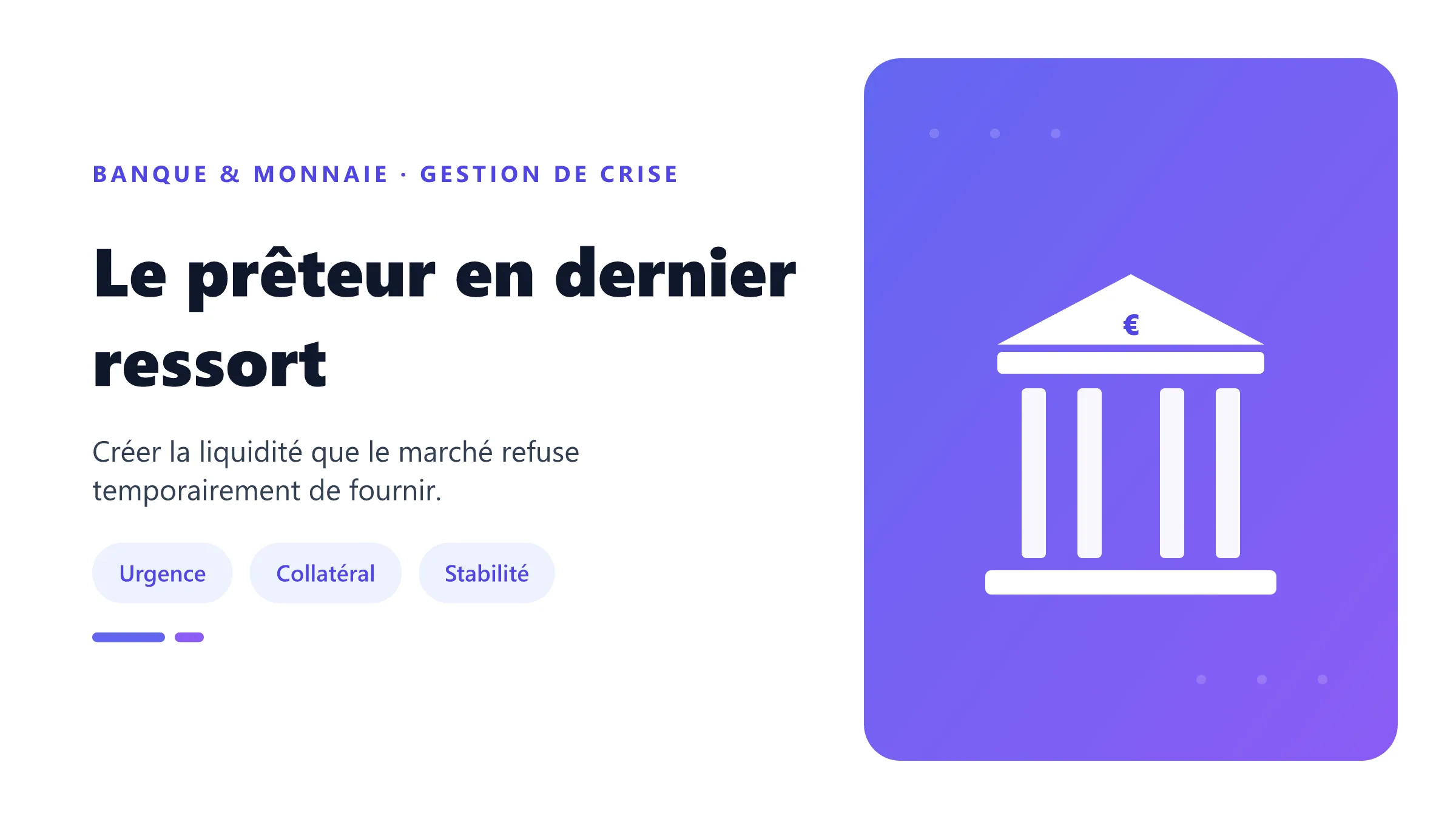 Le prêteur en dernier ressort Banque centrale secourant une banque illiquide.