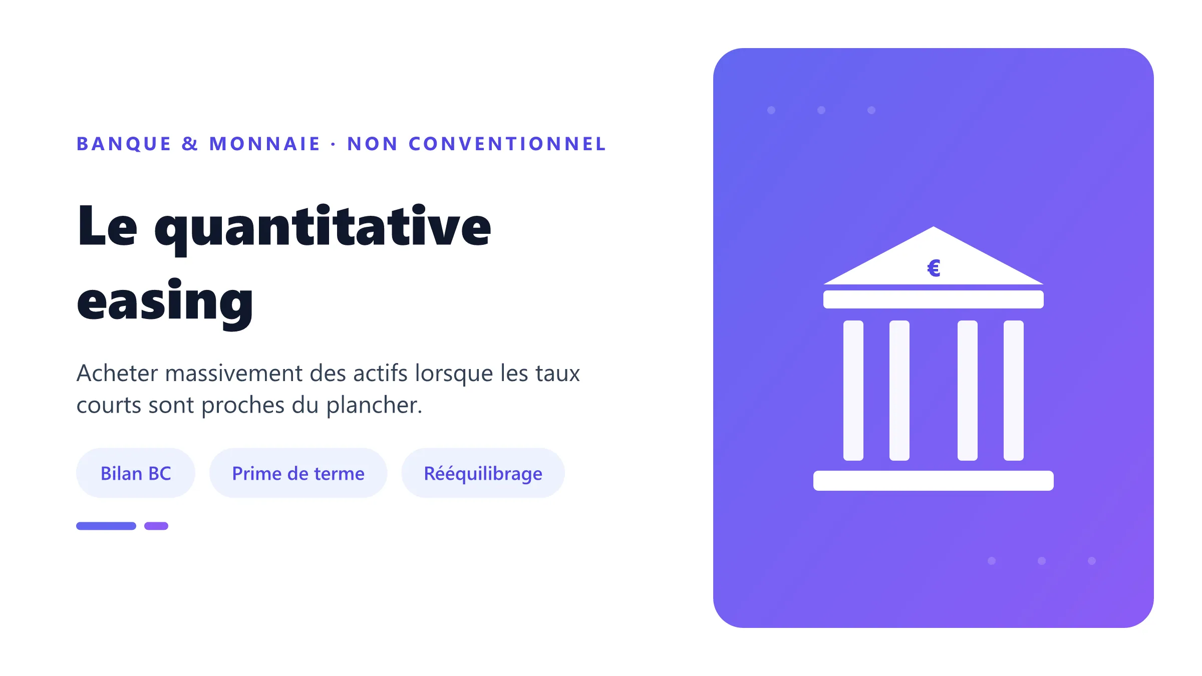 Le quantitative easing Banque centrale achetant des obligations contre réserves.