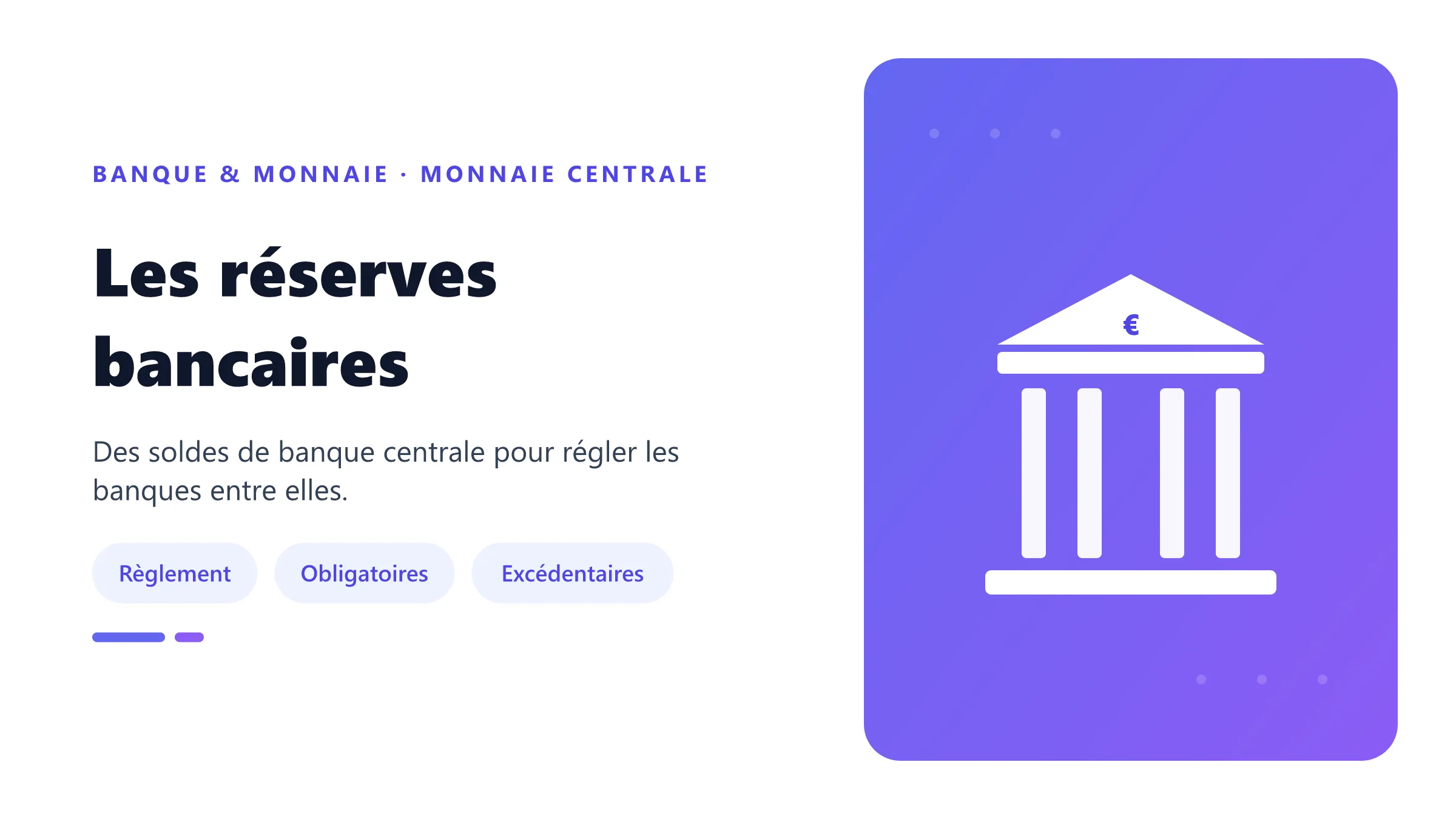 Les réserves bancaires Comptes de réserves reliant banques et banque centrale.