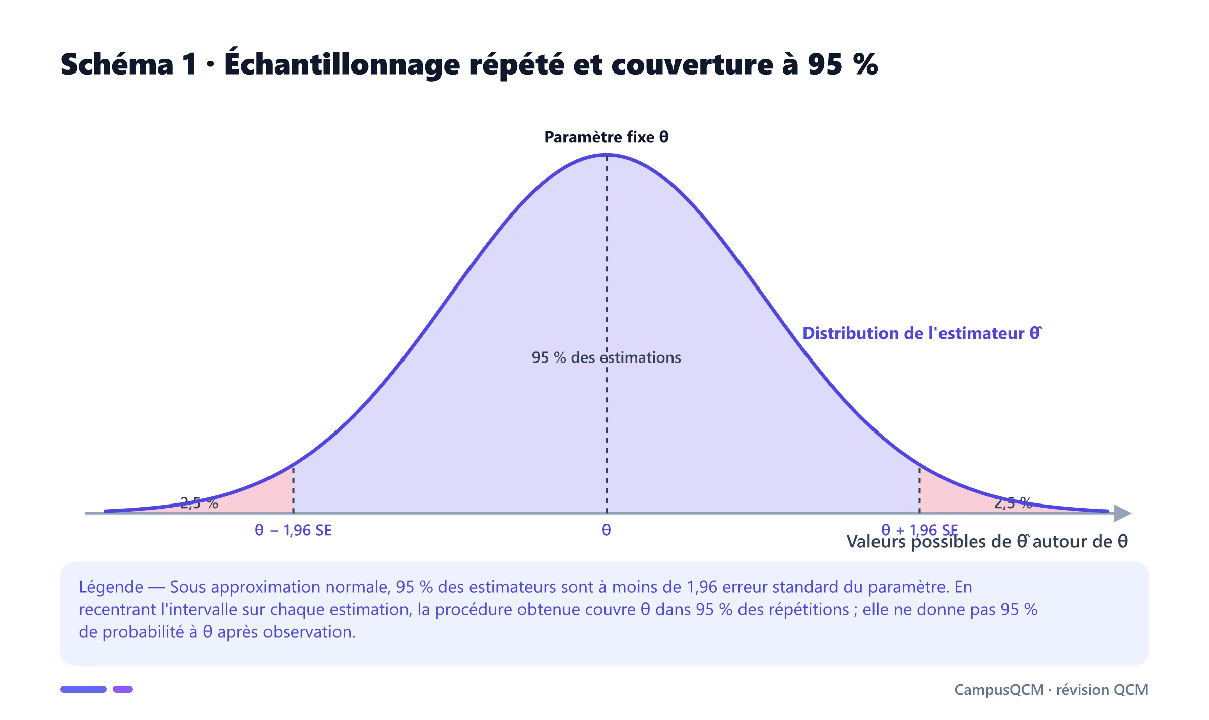 Distribution d'échantillonnage d'un estimateur autour du paramètre fixe avec zone centrale de 95 % et deux queues de 2,5 %.