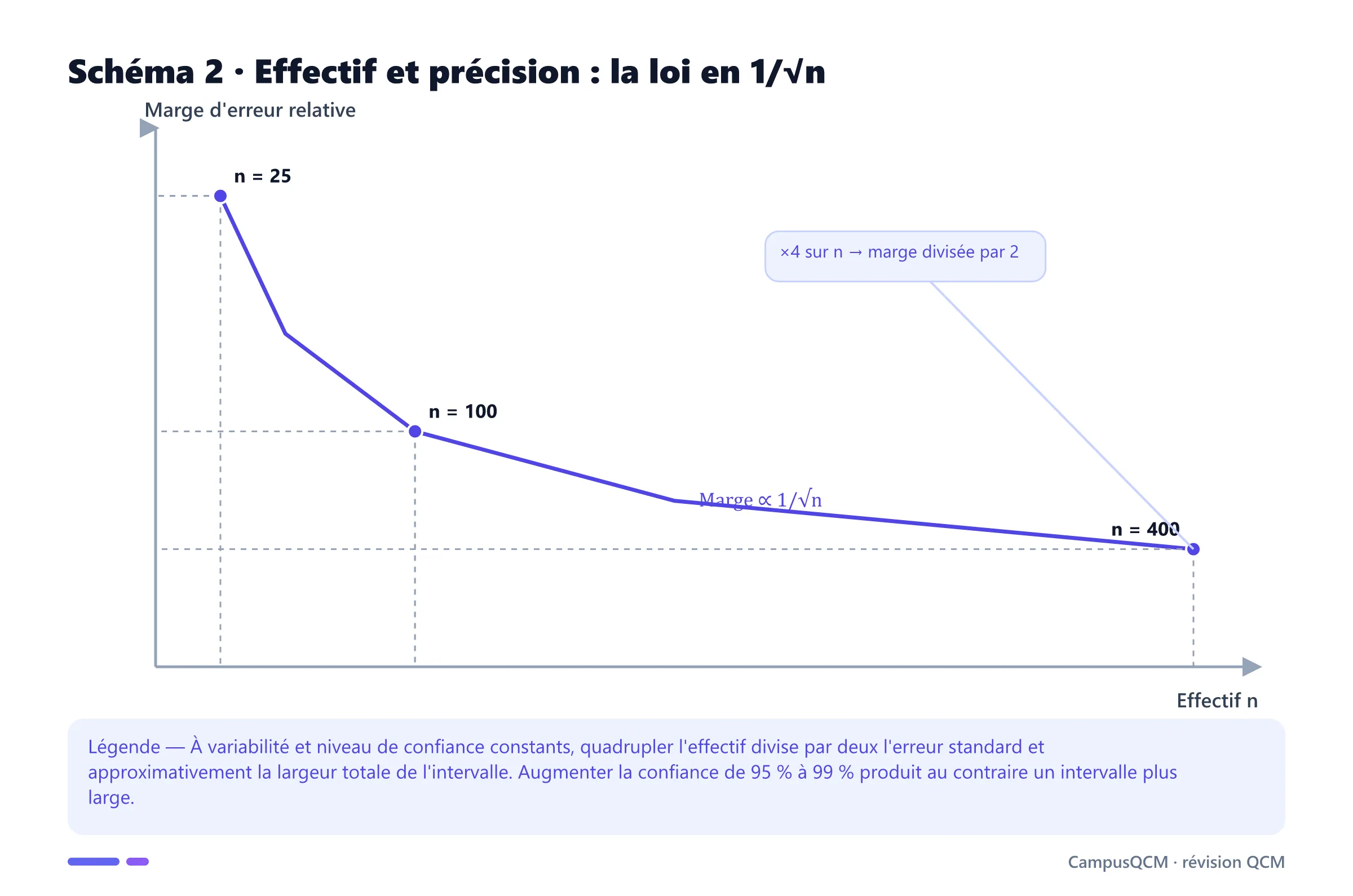 Courbe décroissante de la marge d'erreur en fonction de la taille d'échantillon, illustrant la relation inverse avec la racine carrée de n.