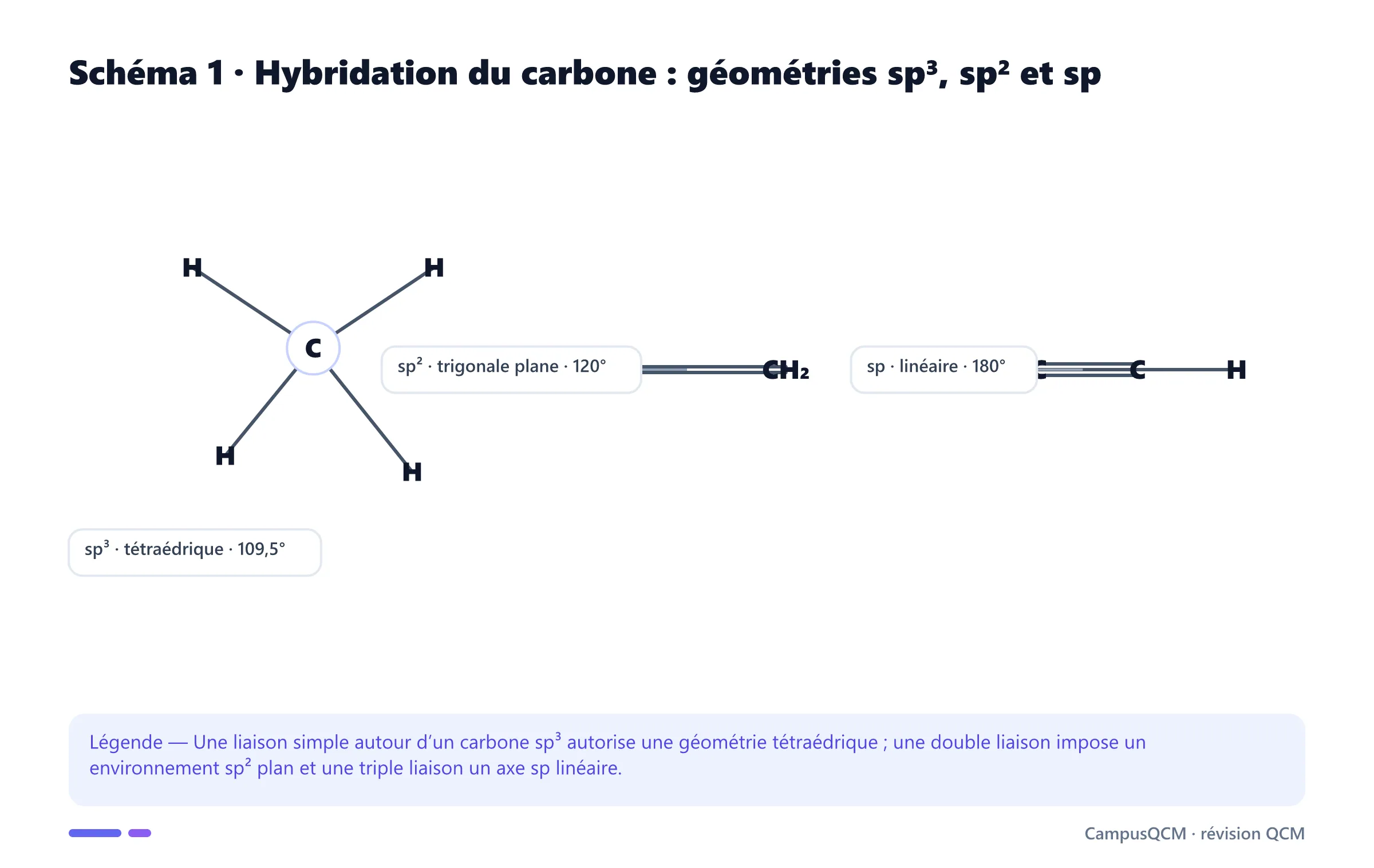 Formules structurales du méthane, de l’éthène et de l’éthyne montrant les géométries sp3, sp2 et sp.