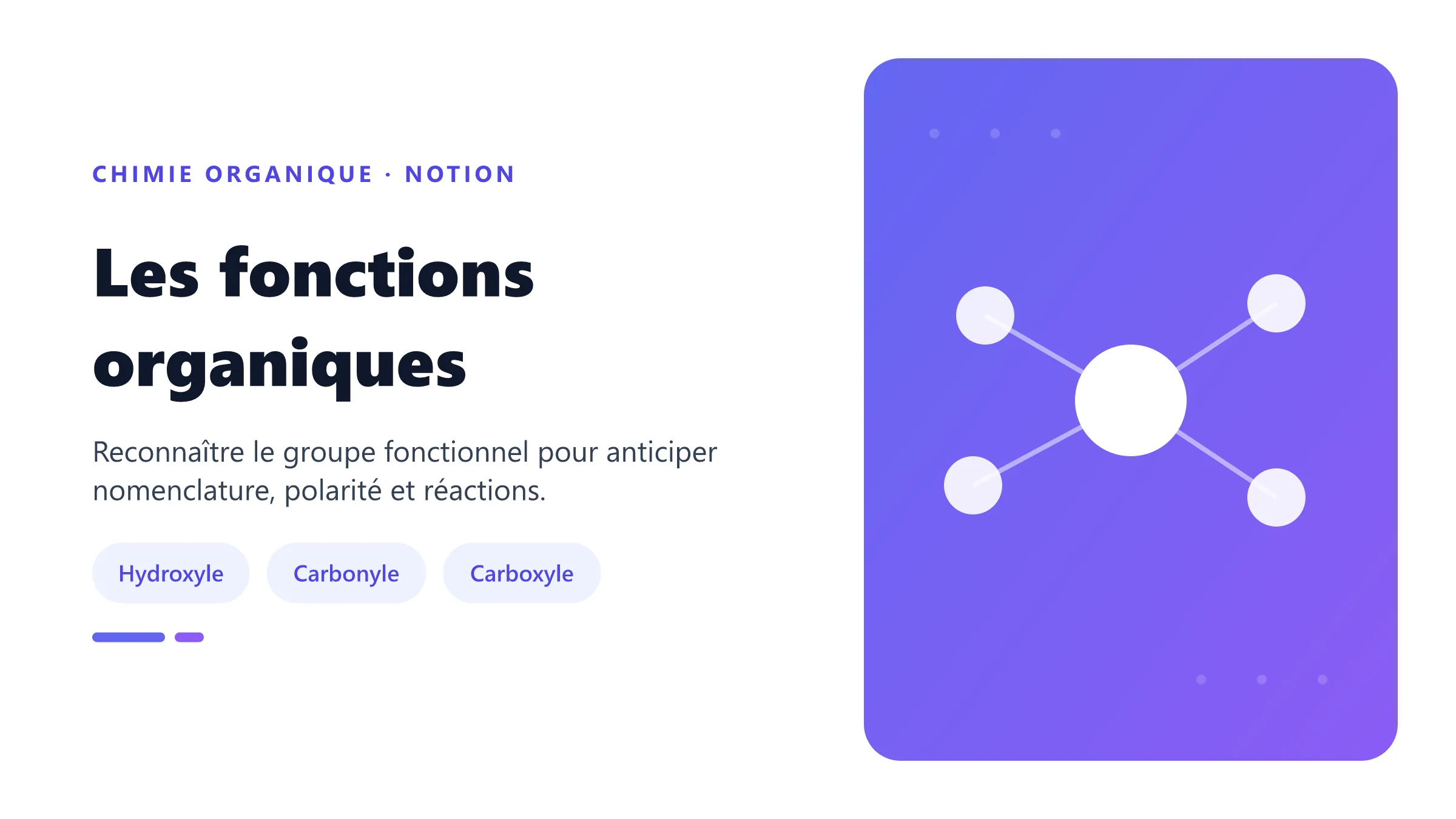 Les fonctions organiques Groupes hydroxyle, carbonyle, carboxyle et amine dans des molécules organiques.