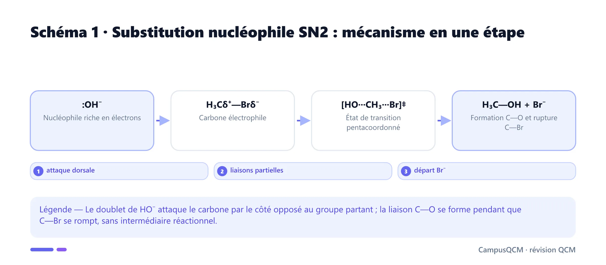Mécanisme SN2 de l’attaque de l’ion hydroxyde sur le bromométhane avec état de transition et départ du bromure.