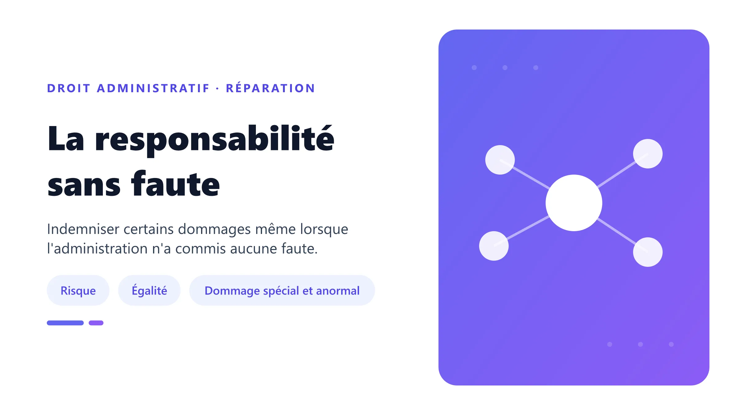 La responsabilité sans faute Responsabilité administrative sans faute fondée sur le risque ou la rupture d'égalité devant les charges publiques.