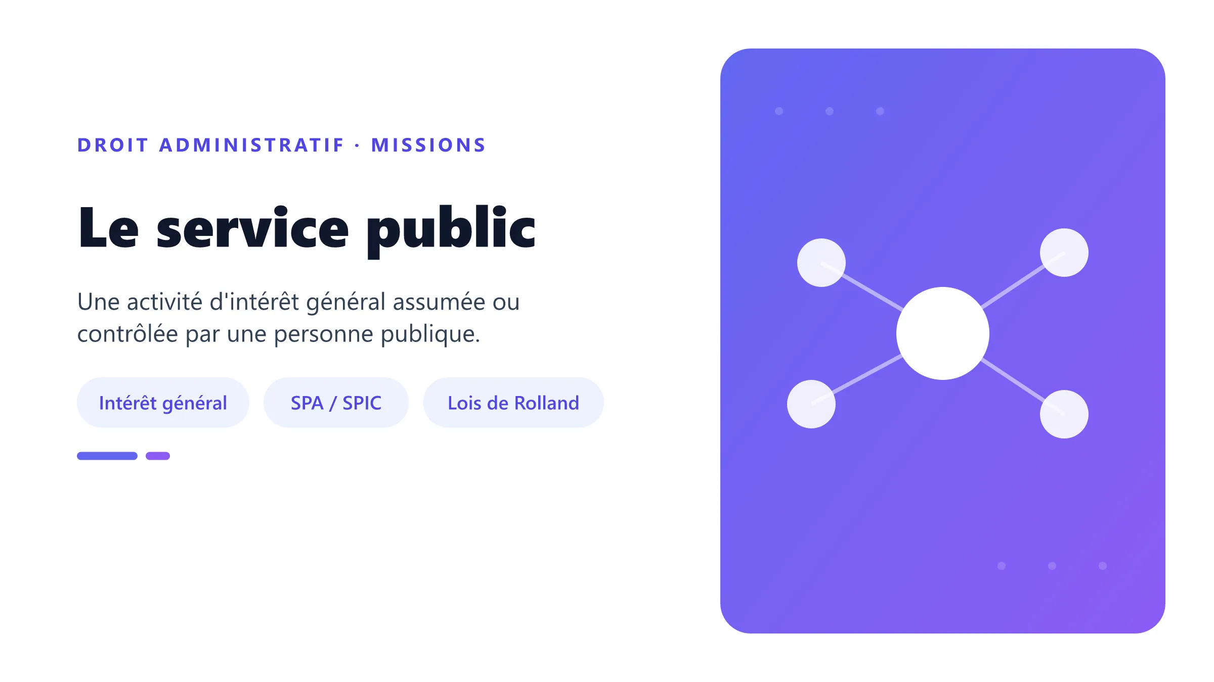 Le service public Service public : critères, distinction SPA-SPIC et principes de continuité, égalité et mutabilité.