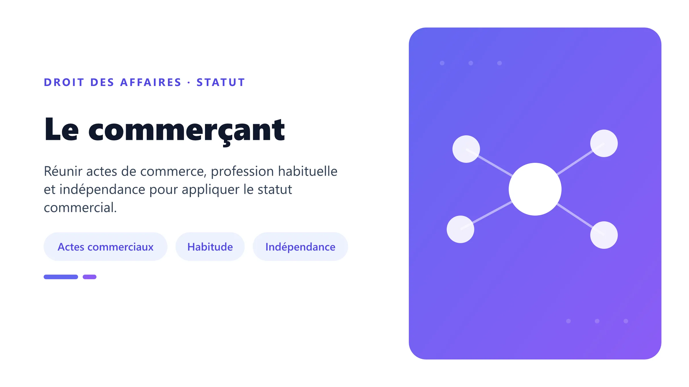 Le commerçant Qualité de commerçant : actes de commerce accomplis habituellement et indépendamment, puis obligations professionnelles.