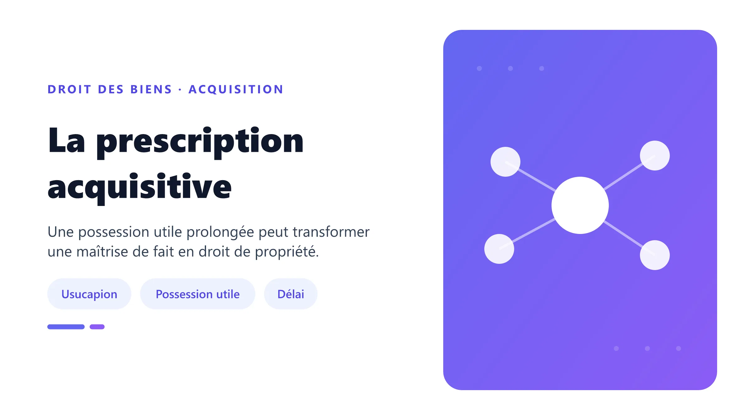 La prescription acquisitive Prescription acquisitive immobilière : possession utile, délai de trente ans ou délai abrégé et acquisition de propriété.