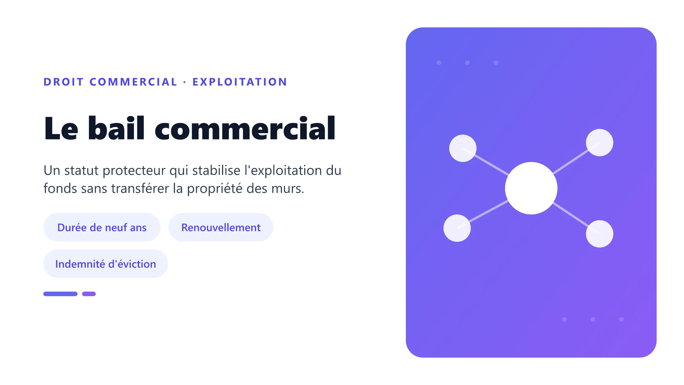Le bail commercial Bail commercial de neuf ans avec facultés triennales, droit au renouvellement et indemnité d'éviction.