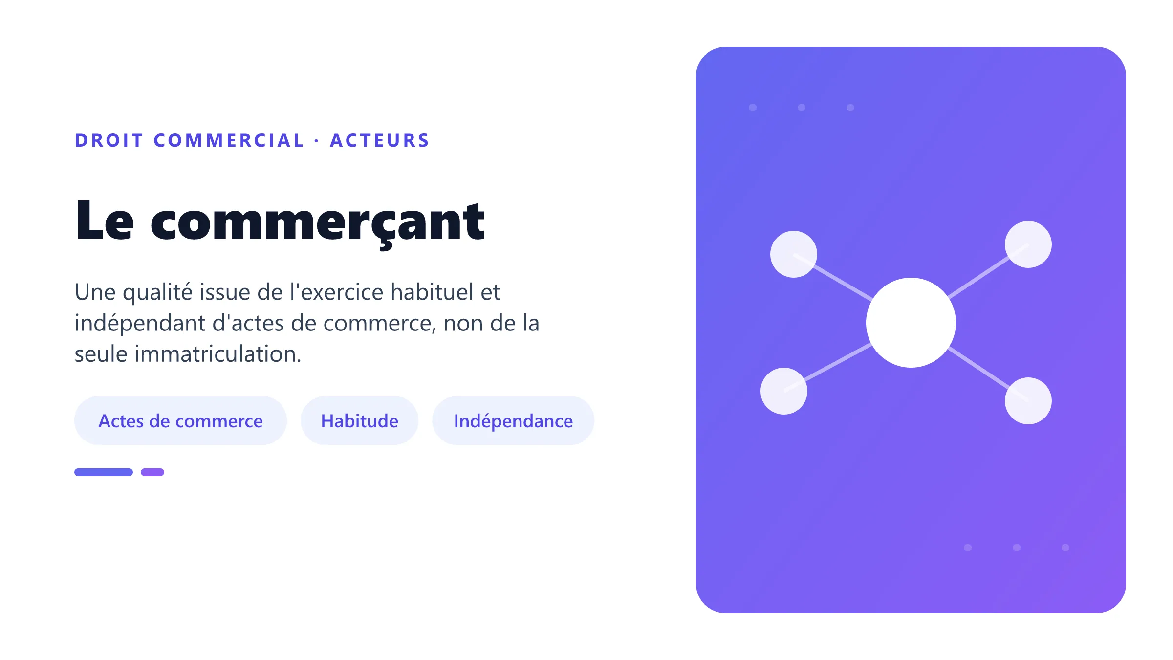 Le commerçant Critères de la qualité de commerçant : actes de commerce, exercice habituel, profession et indépendance.