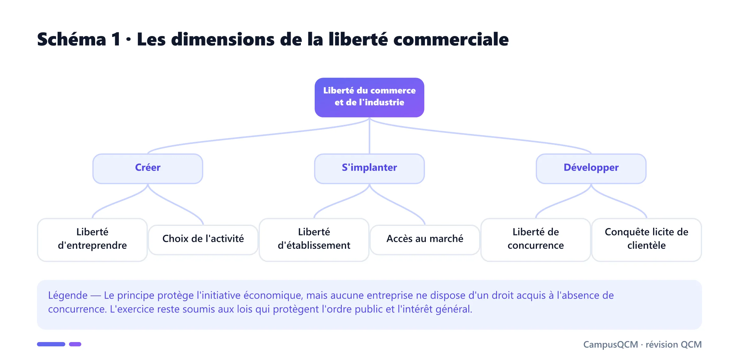 Arbre des dimensions de la liberté commerciale : entreprendre, s'établir et développer son activité en concurrence.