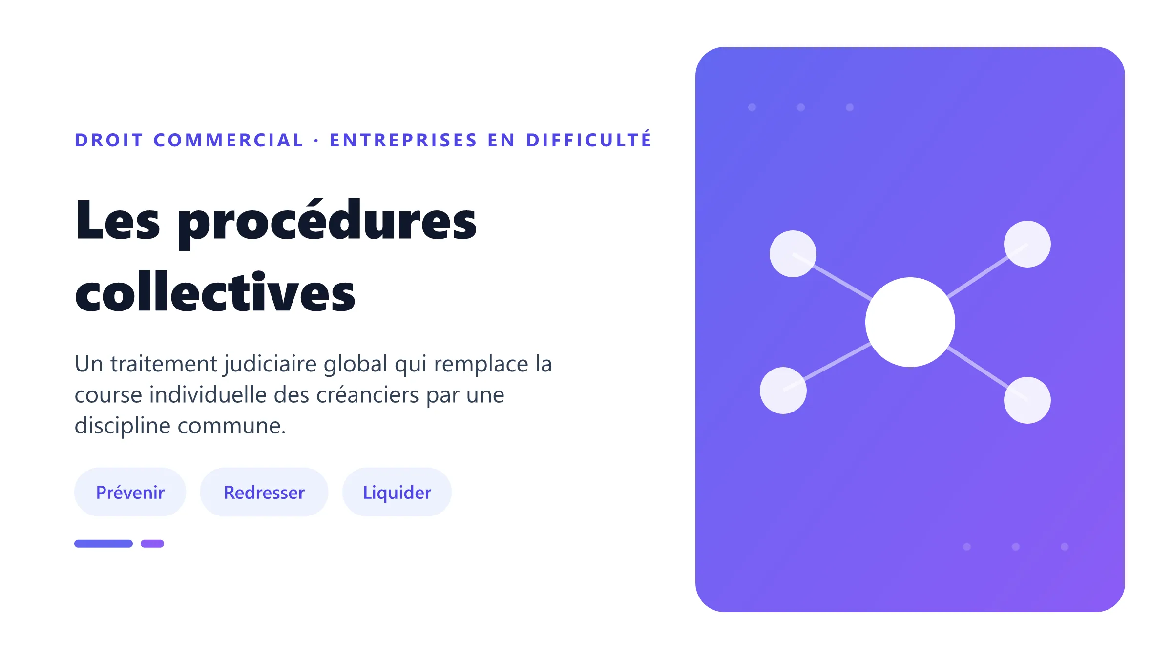 Les procédures collectives Procédures collectives distinguant sauvegarde, redressement et liquidation selon la cessation des paiements et les perspectives de redressement.