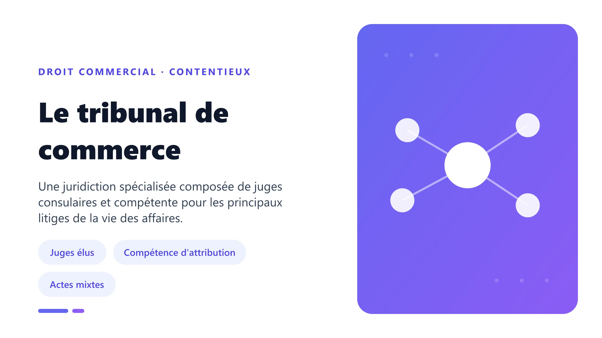 Le tribunal de commerce Tribunal de commerce composé de juges consulaires et compétent pour litiges entre commerçants, sociétés et actes de commerce.