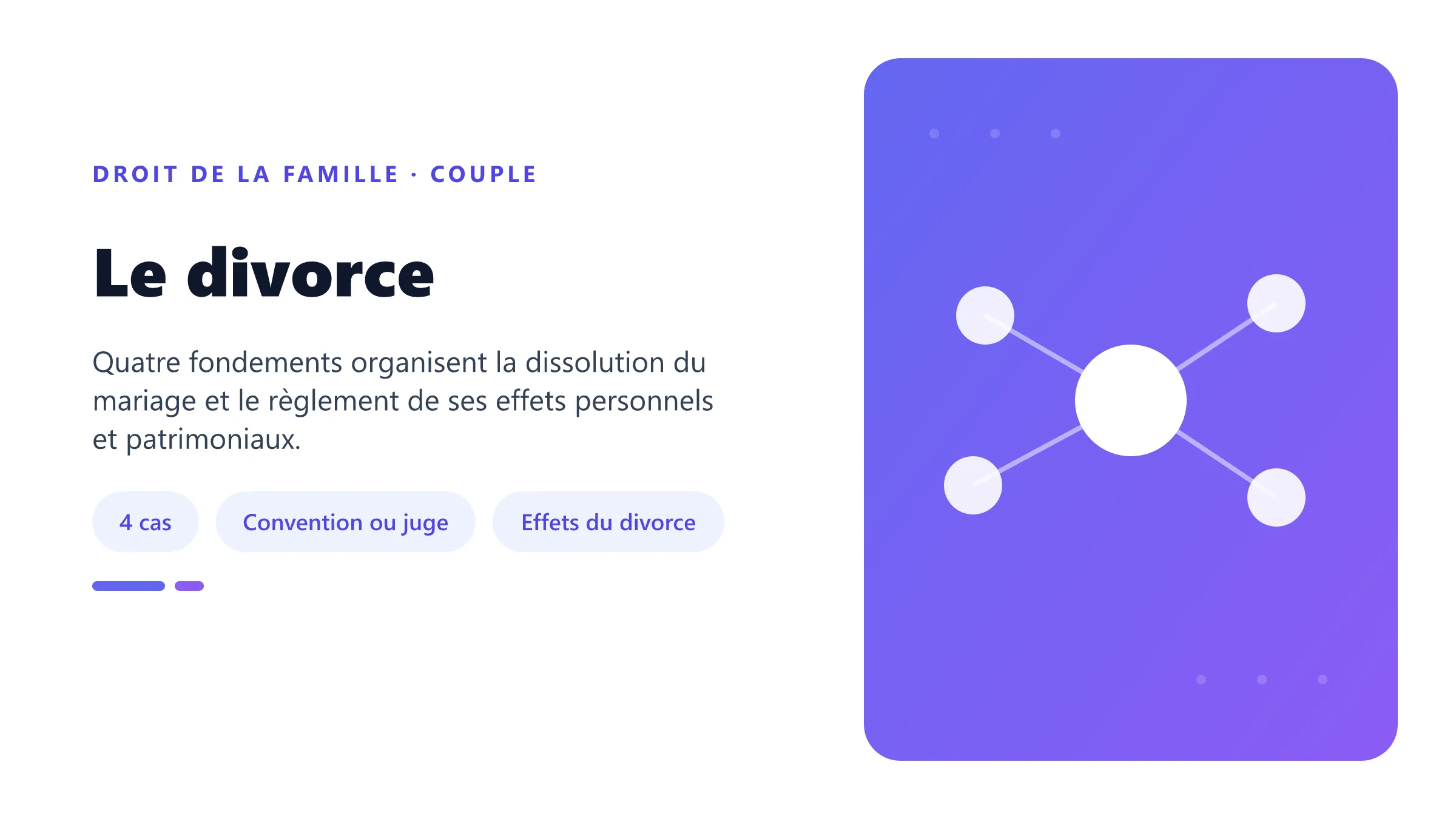 Le divorce Divorce en droit français : consentement mutuel, divorce accepté, altération définitive du lien conjugal et faute.