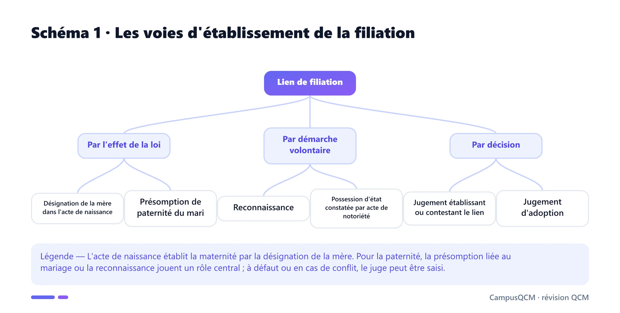 Arbre des modes d'établissement de la filiation par la loi, une démarche volontaire ou une décision judiciaire.