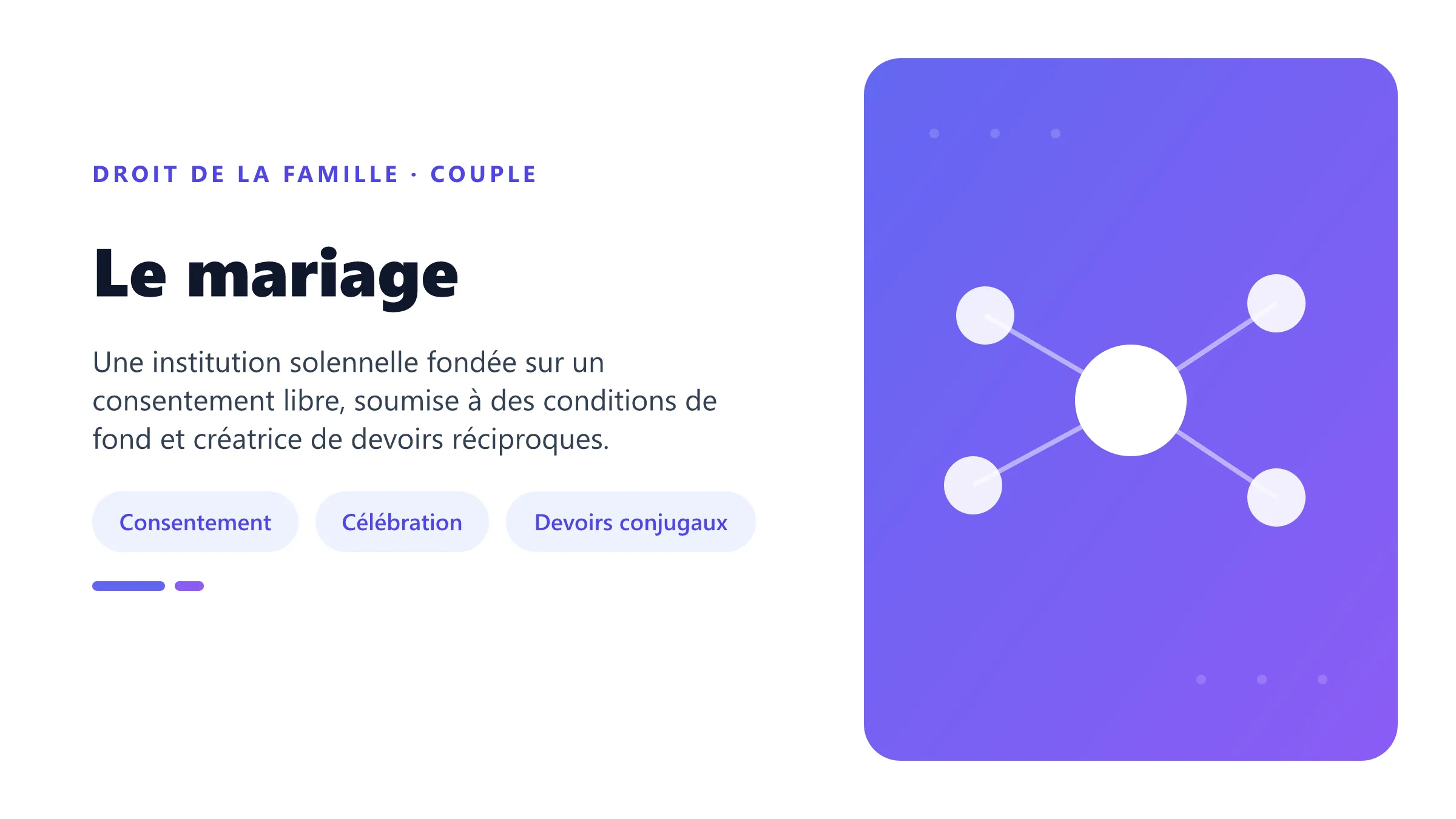 Le mariage Mariage civil : conditions de fond, formalités de célébration, devoirs personnels et effets patrimoniaux.