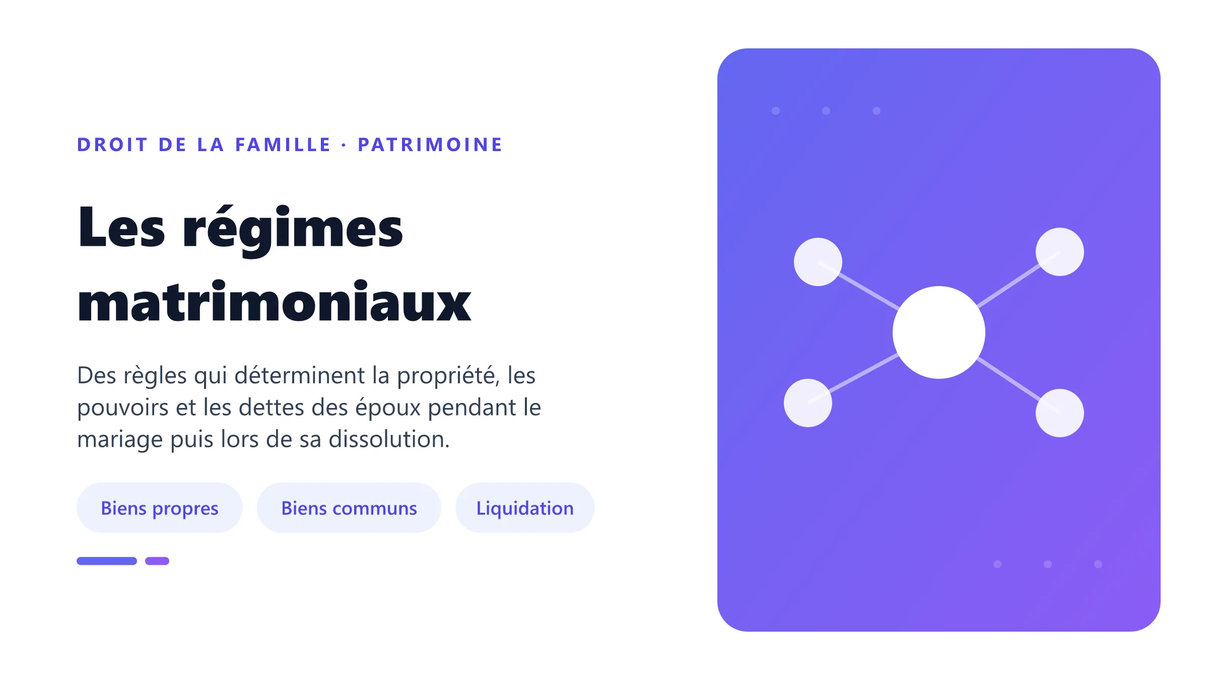 Les régimes matrimoniaux Régimes matrimoniaux : communauté réduite aux acquêts, séparation de biens, propriété, pouvoirs et liquidation.
