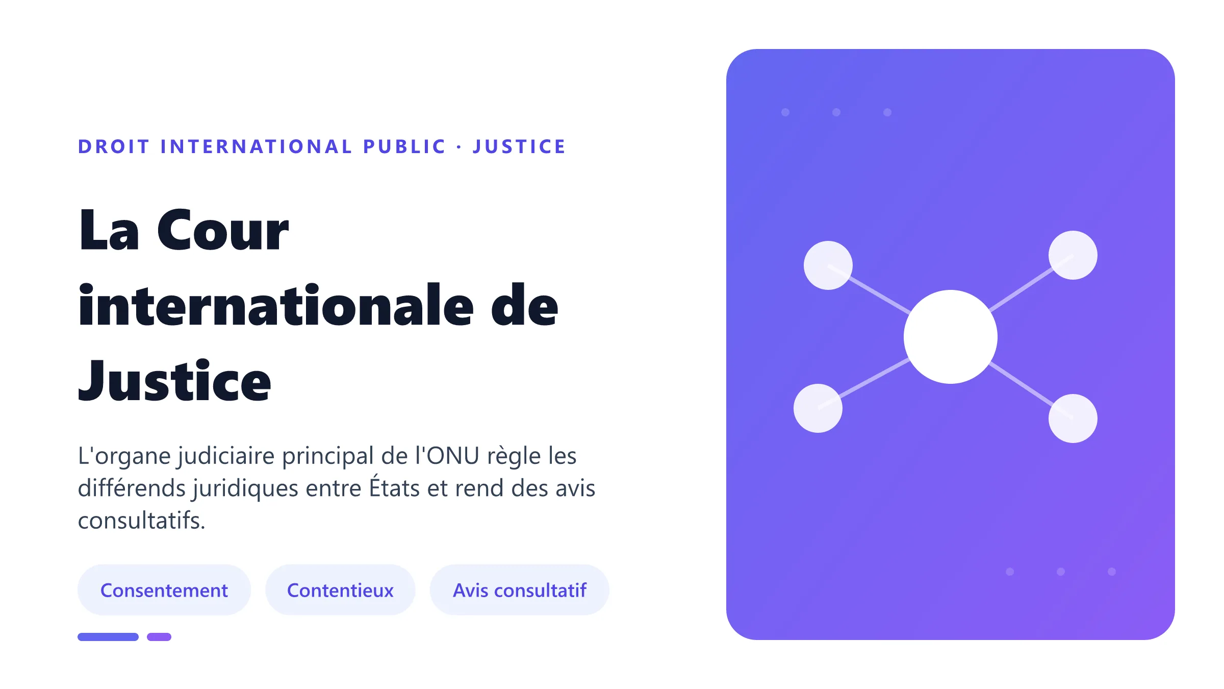 La Cour internationale de Justice Cour internationale de Justice : consentement des États, procédure contentieuse et fonction consultative.