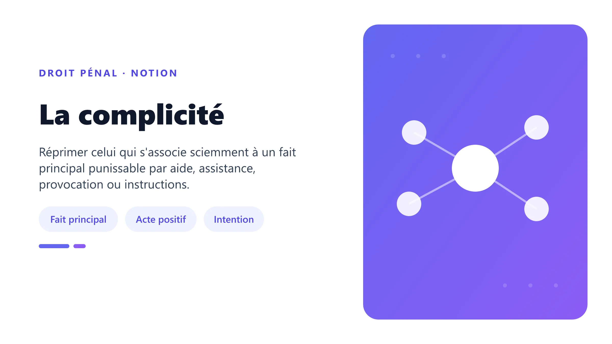 La complicité La complicité pénale fondée sur un fait principal punissable, un acte d'aide ou d'instigation et l'intention de s'y associer.