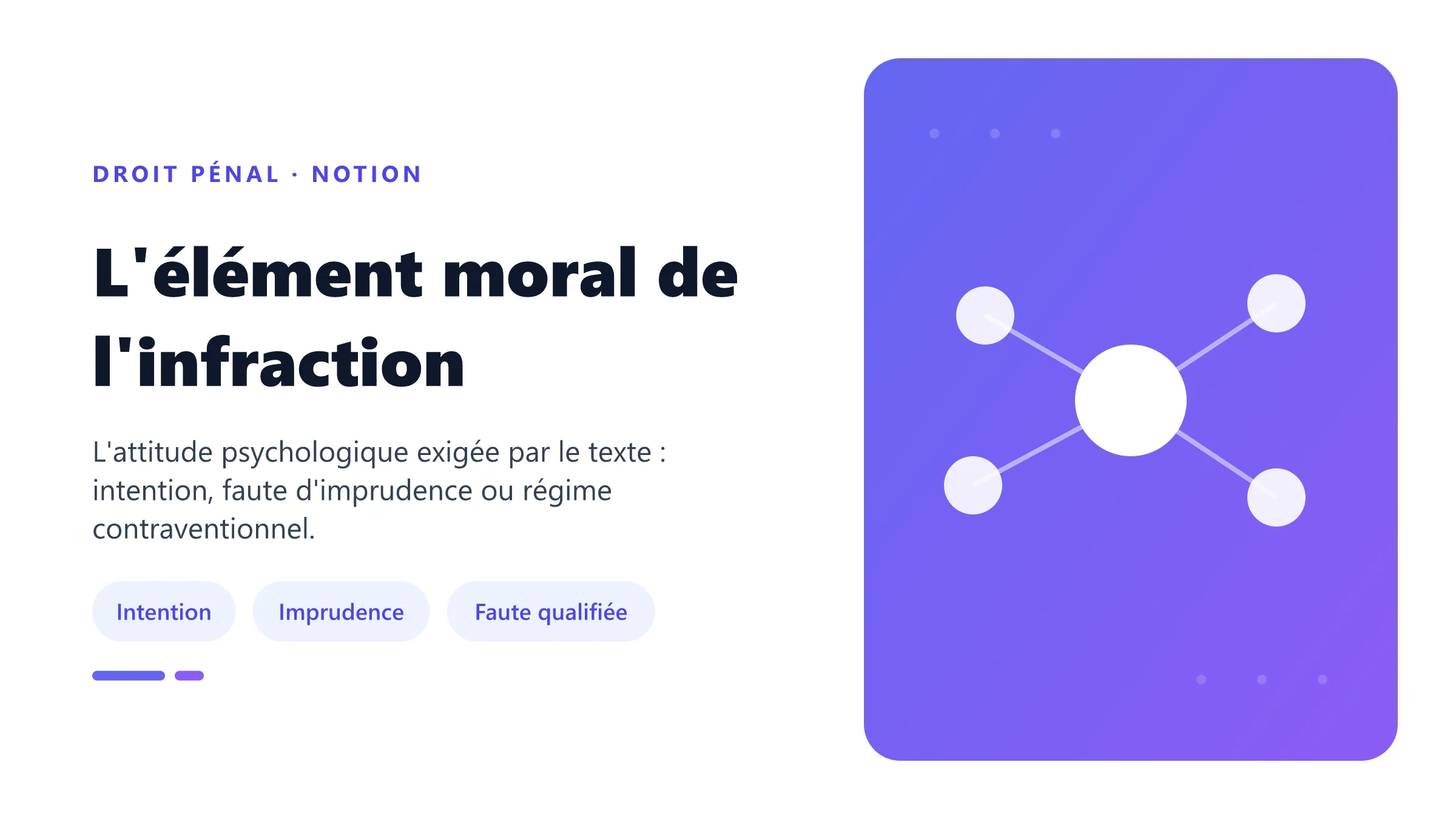 Élément moral de l'infraction distinguant intention pénale, faute d'imprudence et fautes qualifiées en causalité indirecte.