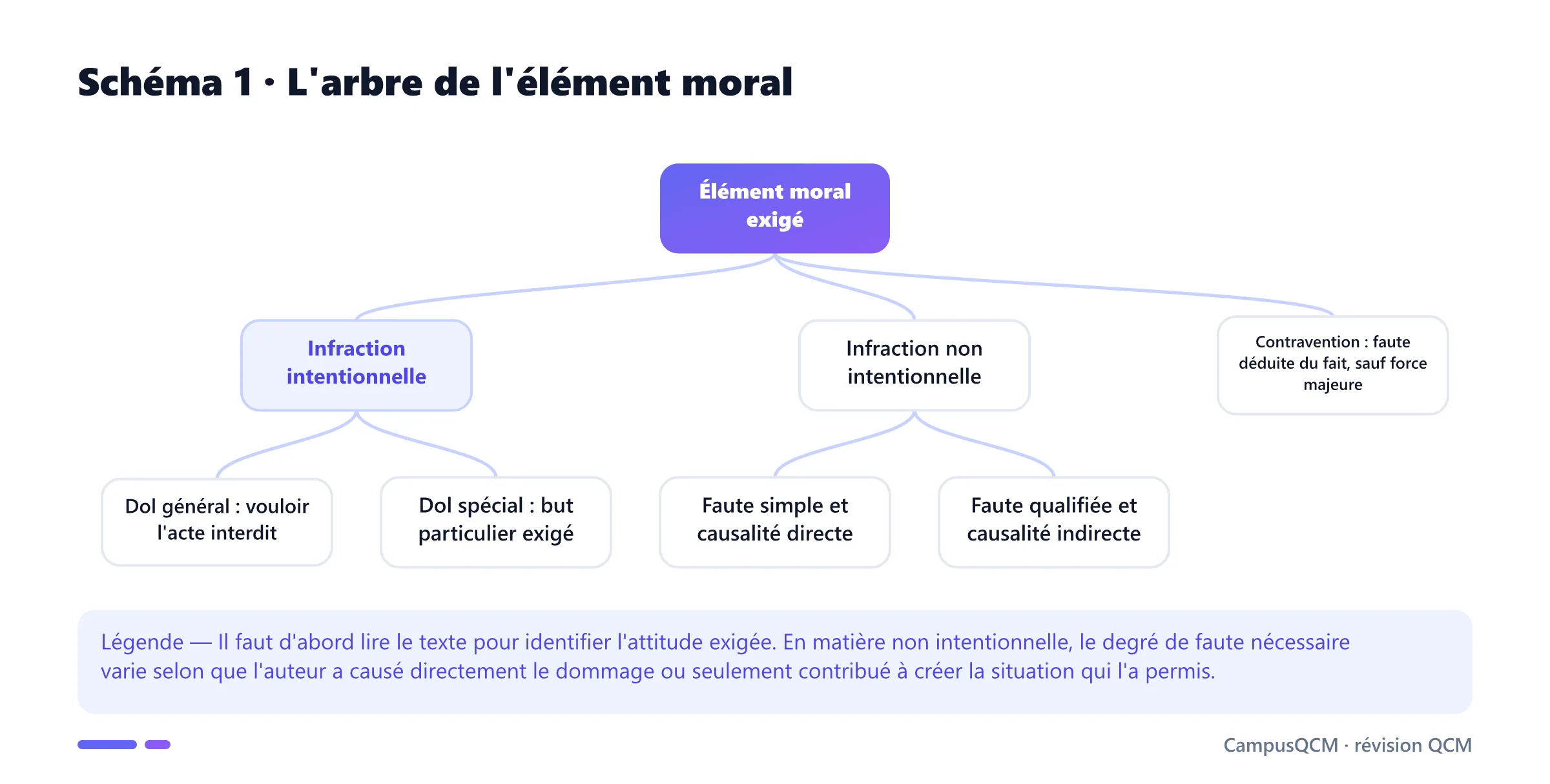 Arbre de décision de l'élément moral distinguant dol général et spécial, faute non intentionnelle selon la causalité, et régime contraventionnel.