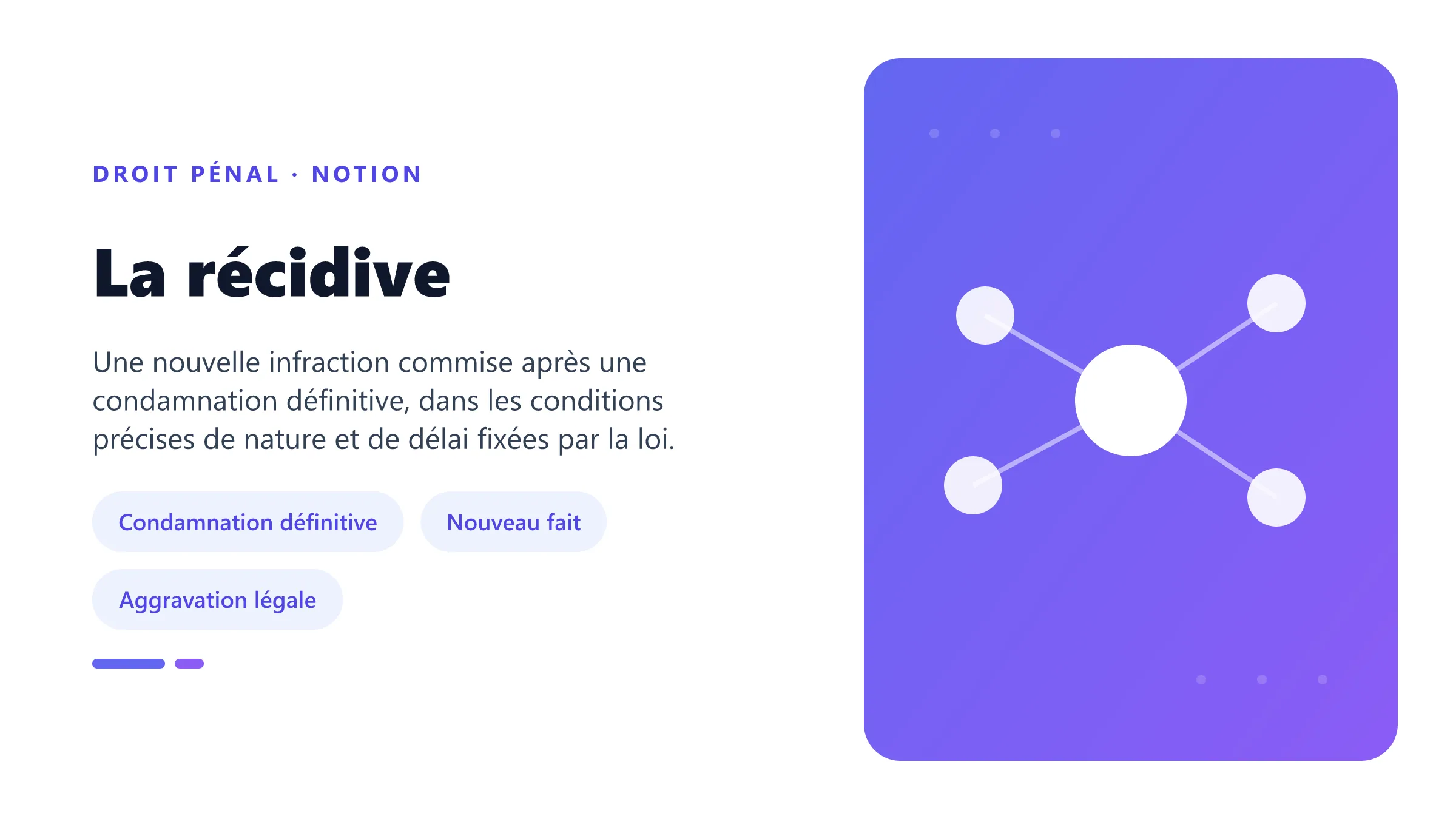 La récidive Récidive légale constituée par une première condamnation définitive puis une nouvelle infraction répondant aux conditions de nature et de délai.