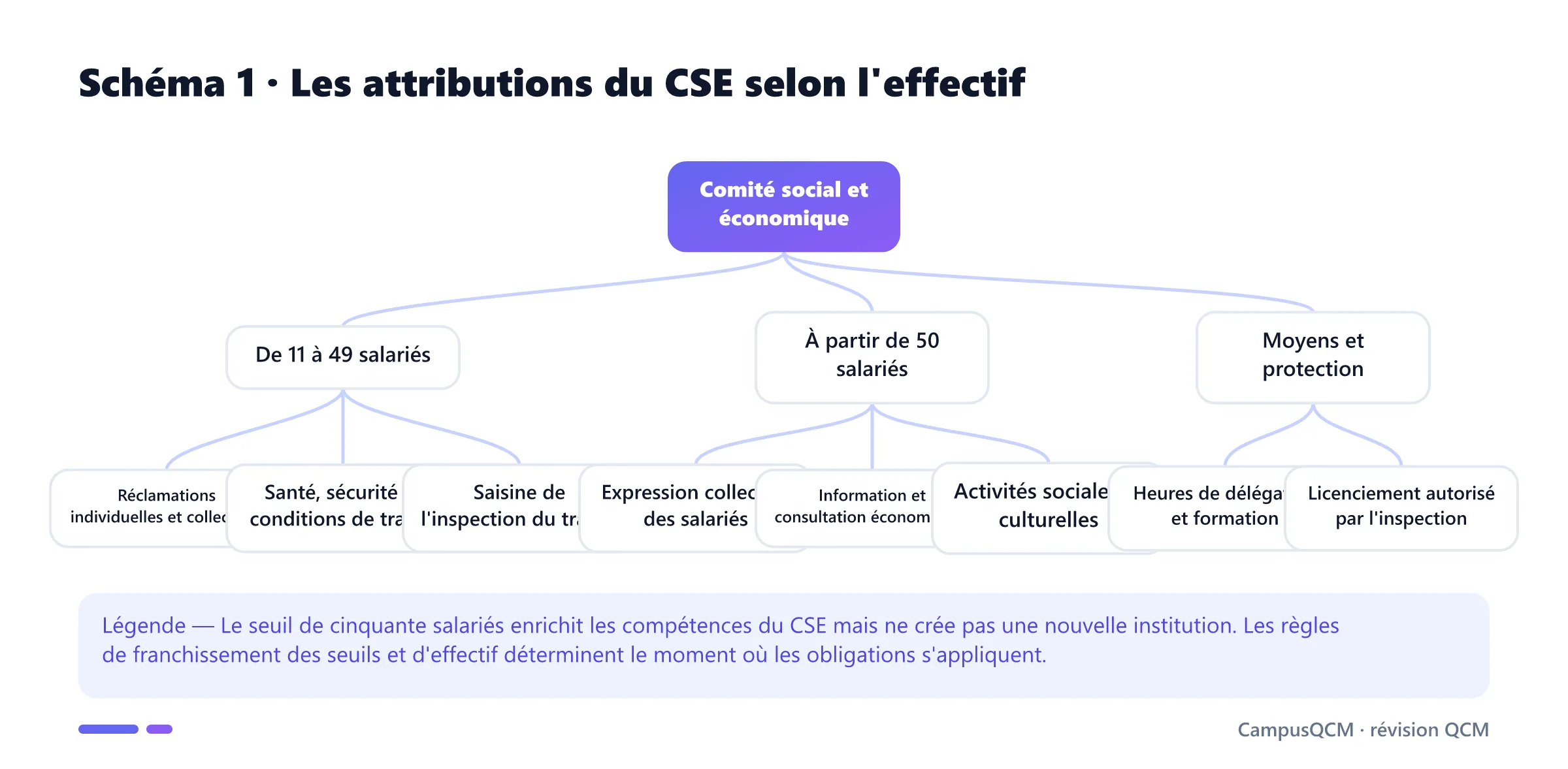 Arbre des attributions du CSE dans les entreprises de 11 à 49 salariés puis à partir de 50 salariés, avec ses moyens et protections.