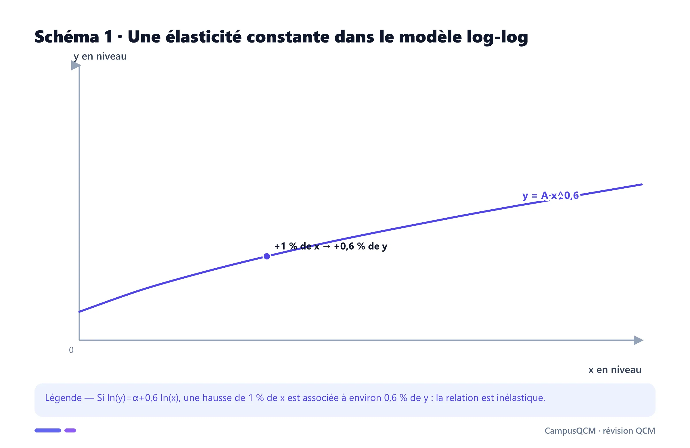 Courbe de puissance illustrant une élasticité constante de 0,6 entre x et y.