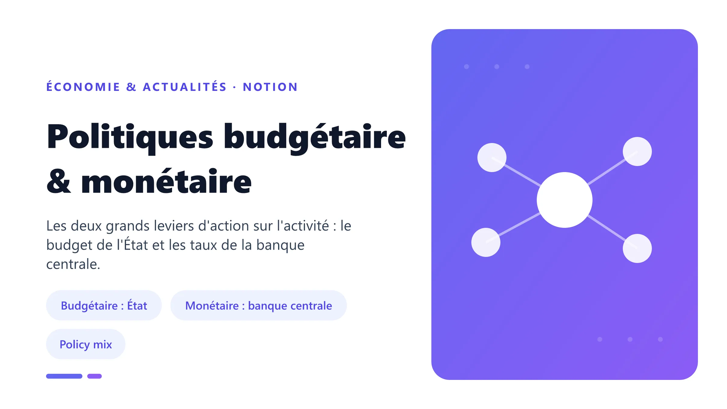 Politiques budgétaire & monétaire Les deux politiques économiques : politique budgétaire menée par l'État et politique monétaire menée par la banque centrale.