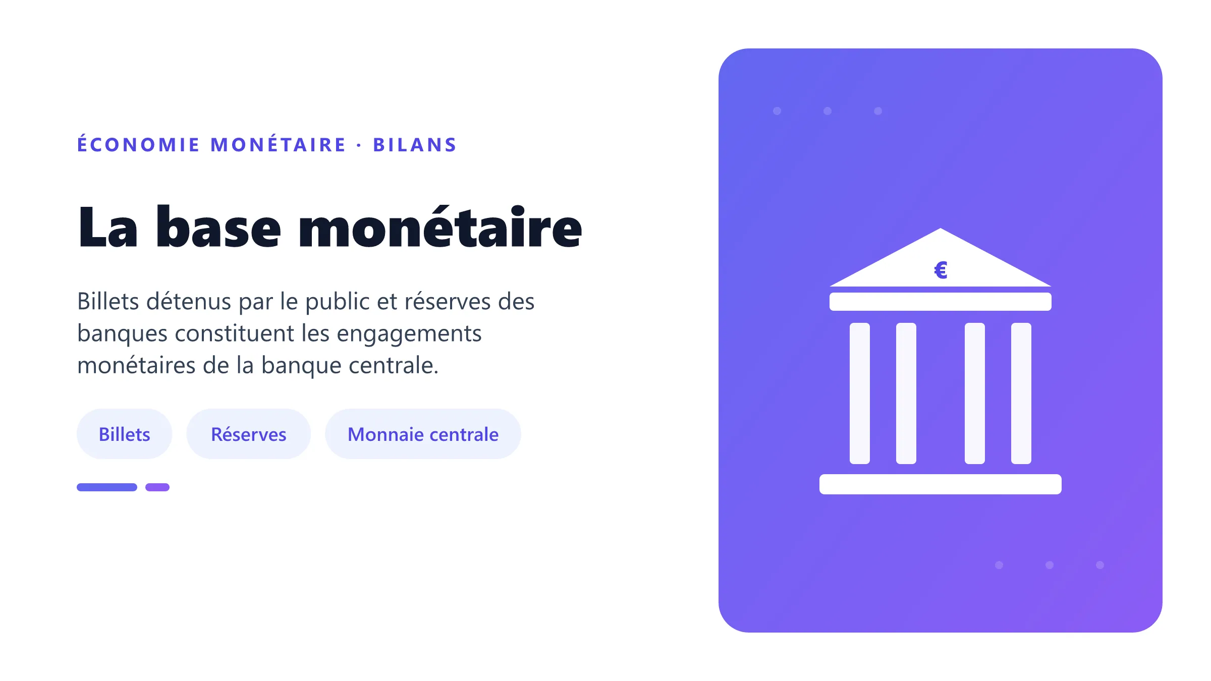 La base monétaire Composition de la base monétaire entre billets en circulation et réserves bancaires auprès de la banque centrale.