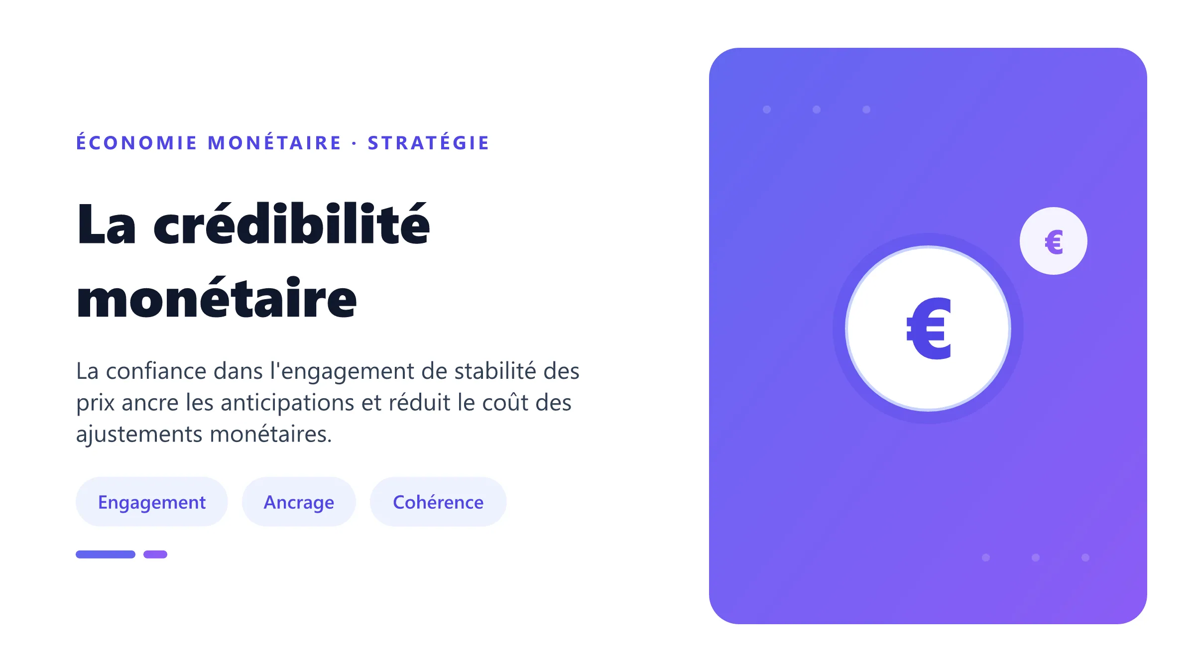 La crédibilité monétaire Crédibilité d'une banque centrale reliant engagement annoncé, anticipations ancrées et inflation réalisée.