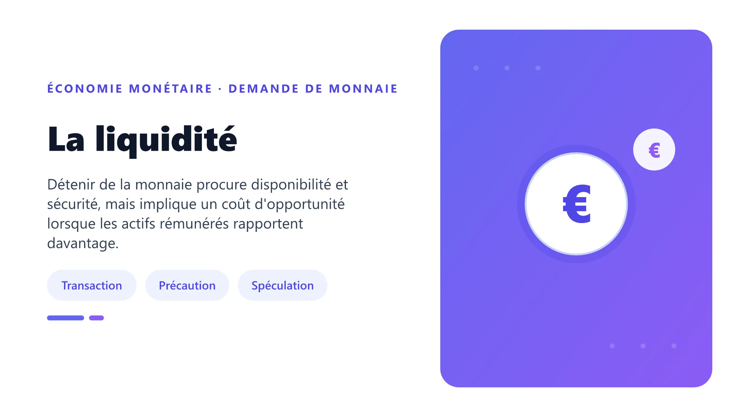 La liquidité Préférence pour la liquidité reliant demande de monnaie, revenu, taux d'intérêt et trappe à liquidité.