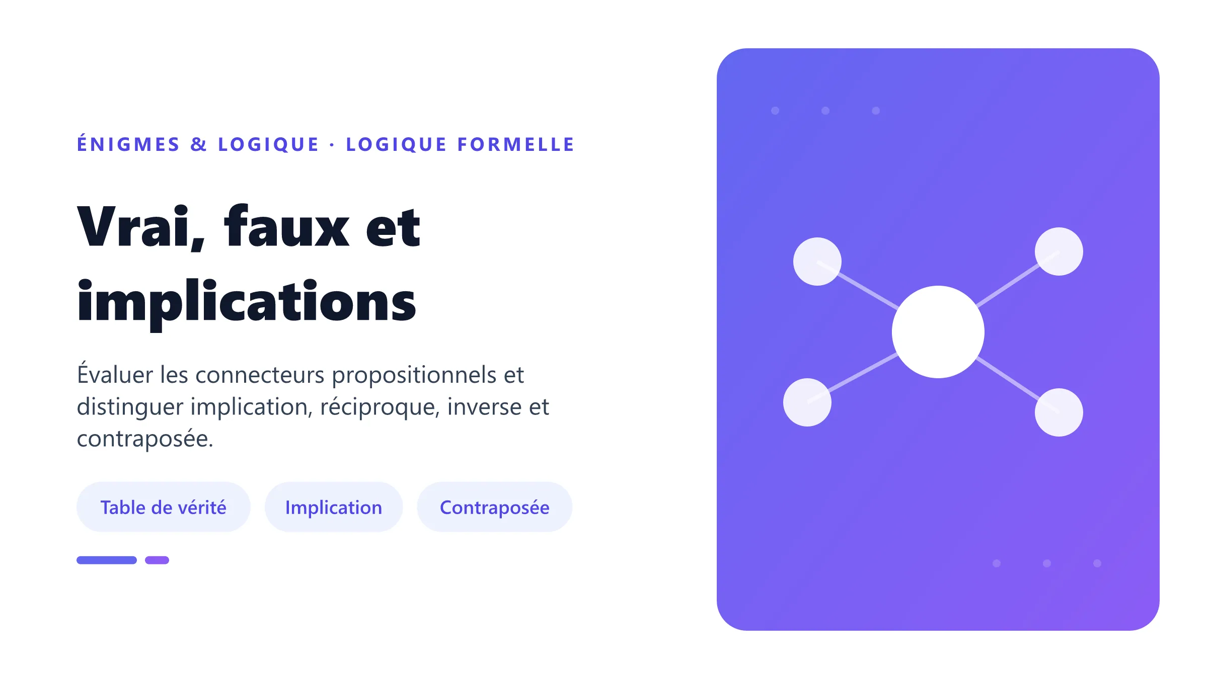Logique propositionnelle présentant les valeurs de vérité, les connecteurs et les formes associées à une implication.
