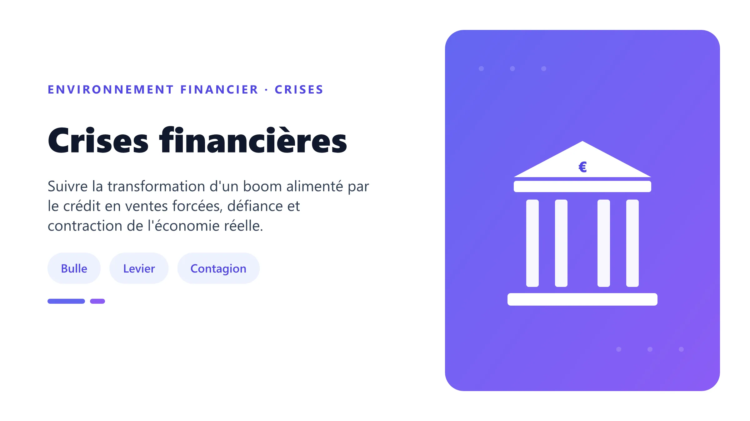 Cycle d'une crise financière entre expansion du crédit, bulle, retournement, désendettement et contagion.