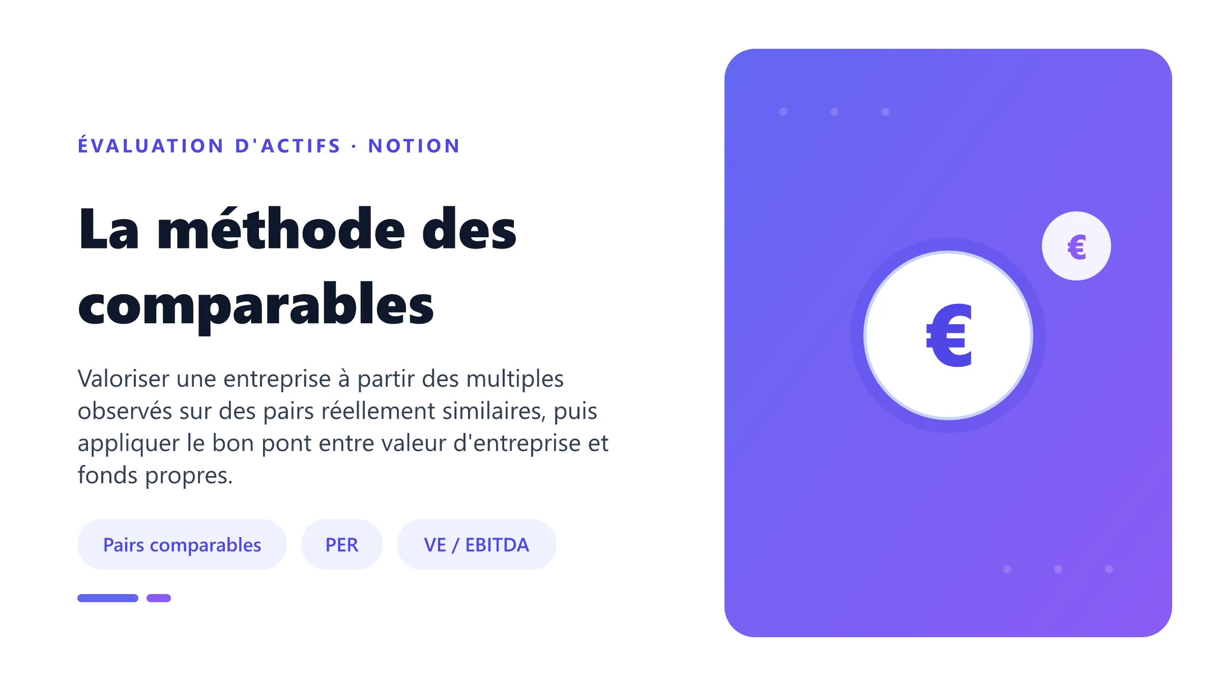 La méthode des comparables Méthode des comparables utilisant un échantillon de sociétés comparables et des multiples PER et valeur d'entreprise sur EBITDA.