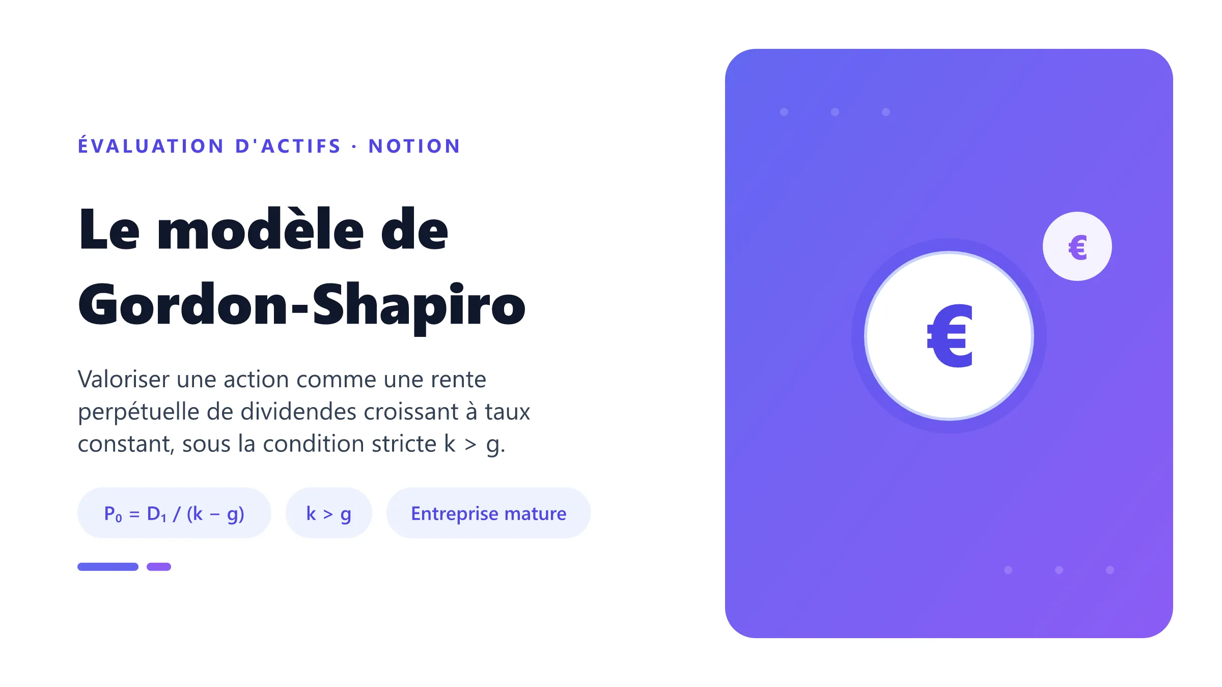 Modèle de Gordon-Shapiro reliant le prochain dividende, le taux de rentabilité exigé et la croissance perpétuelle au prix d'une action.