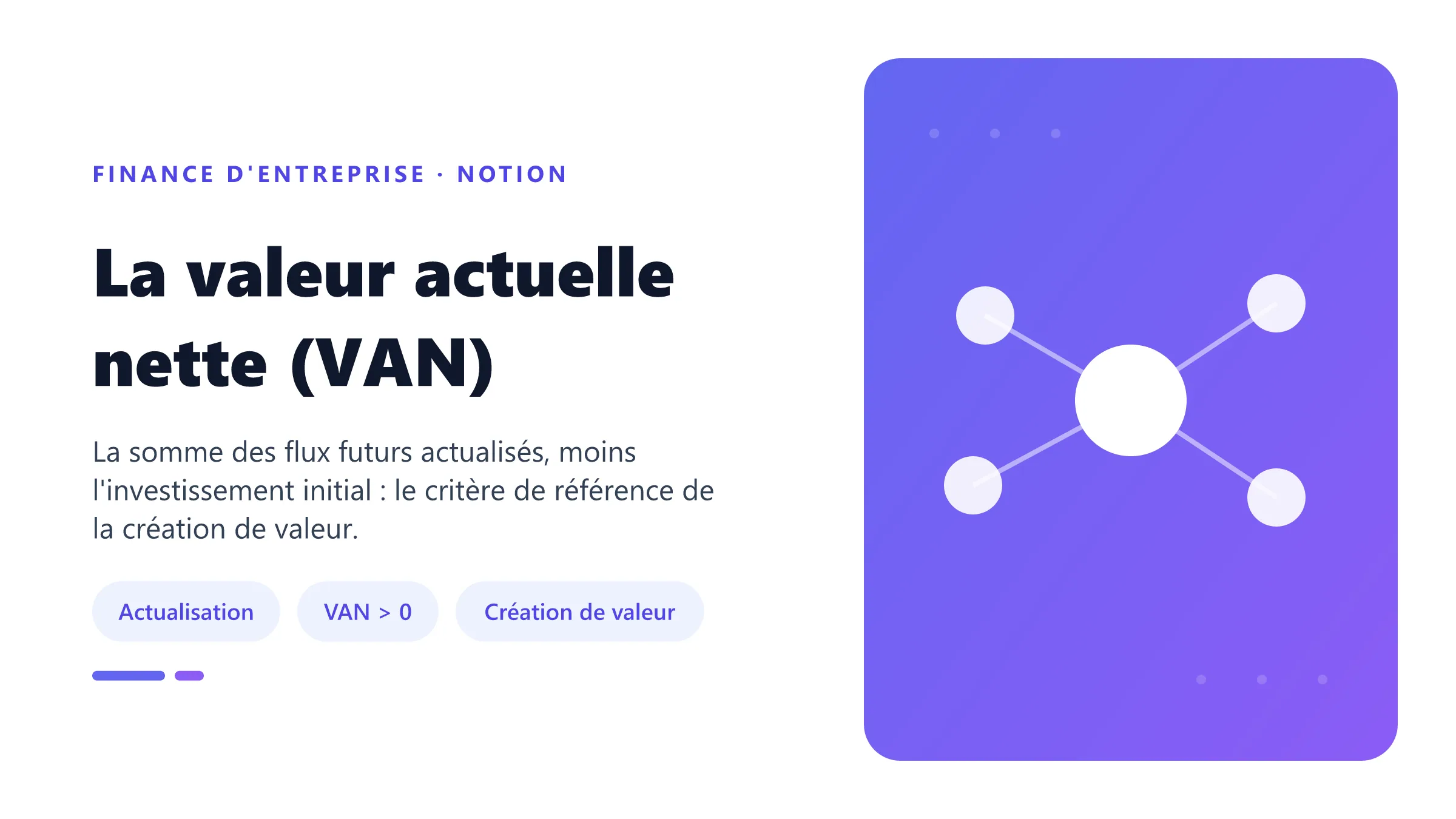 La valeur actuelle nette (VAN) La valeur actuelle nette (VAN) : somme des flux futurs actualisés au coût du capital, moins l'investissement initial.