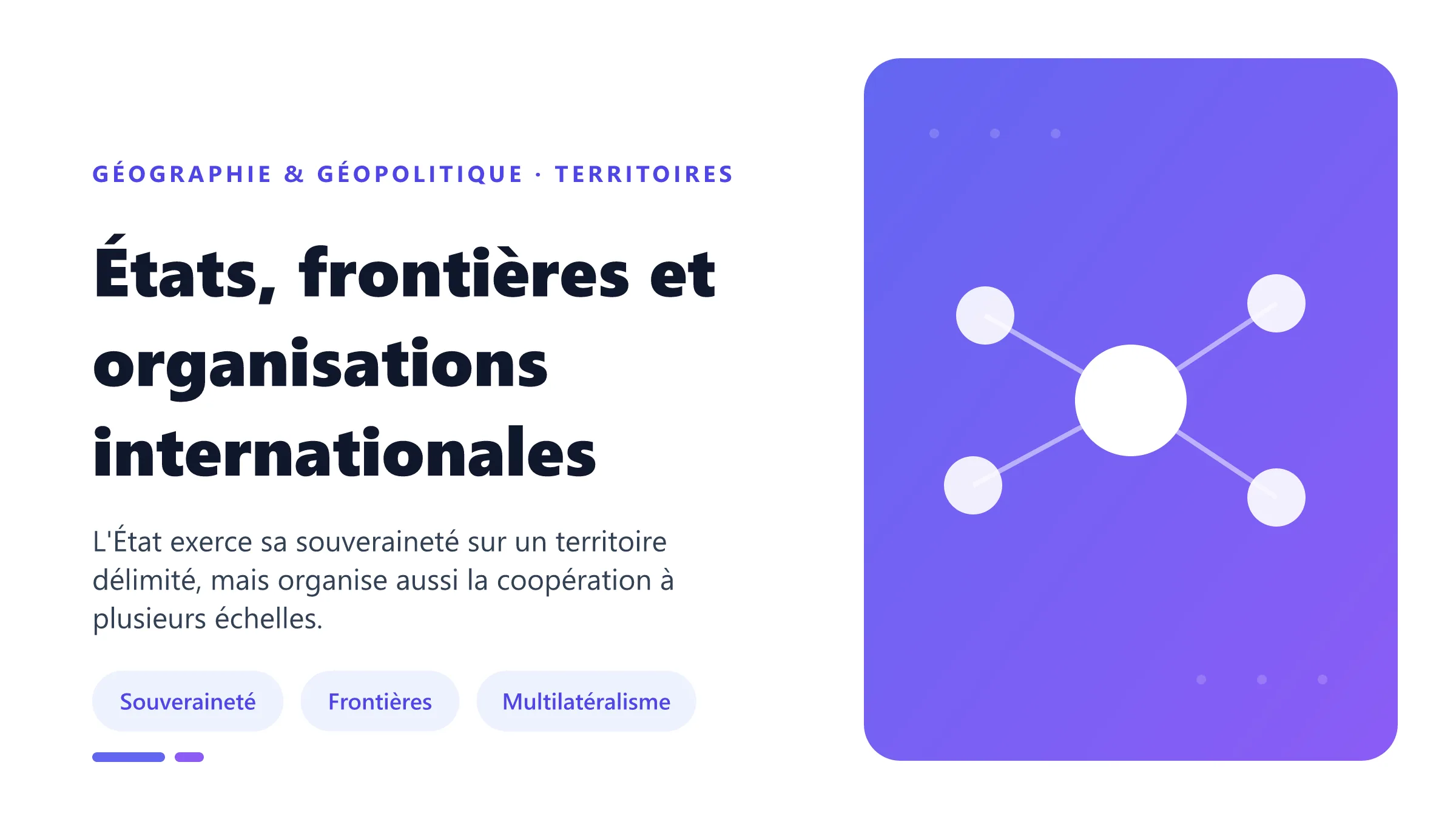 États, frontières et organisations internationales État souverain délimité par des frontières et relié aux organisations internationales et régionales.