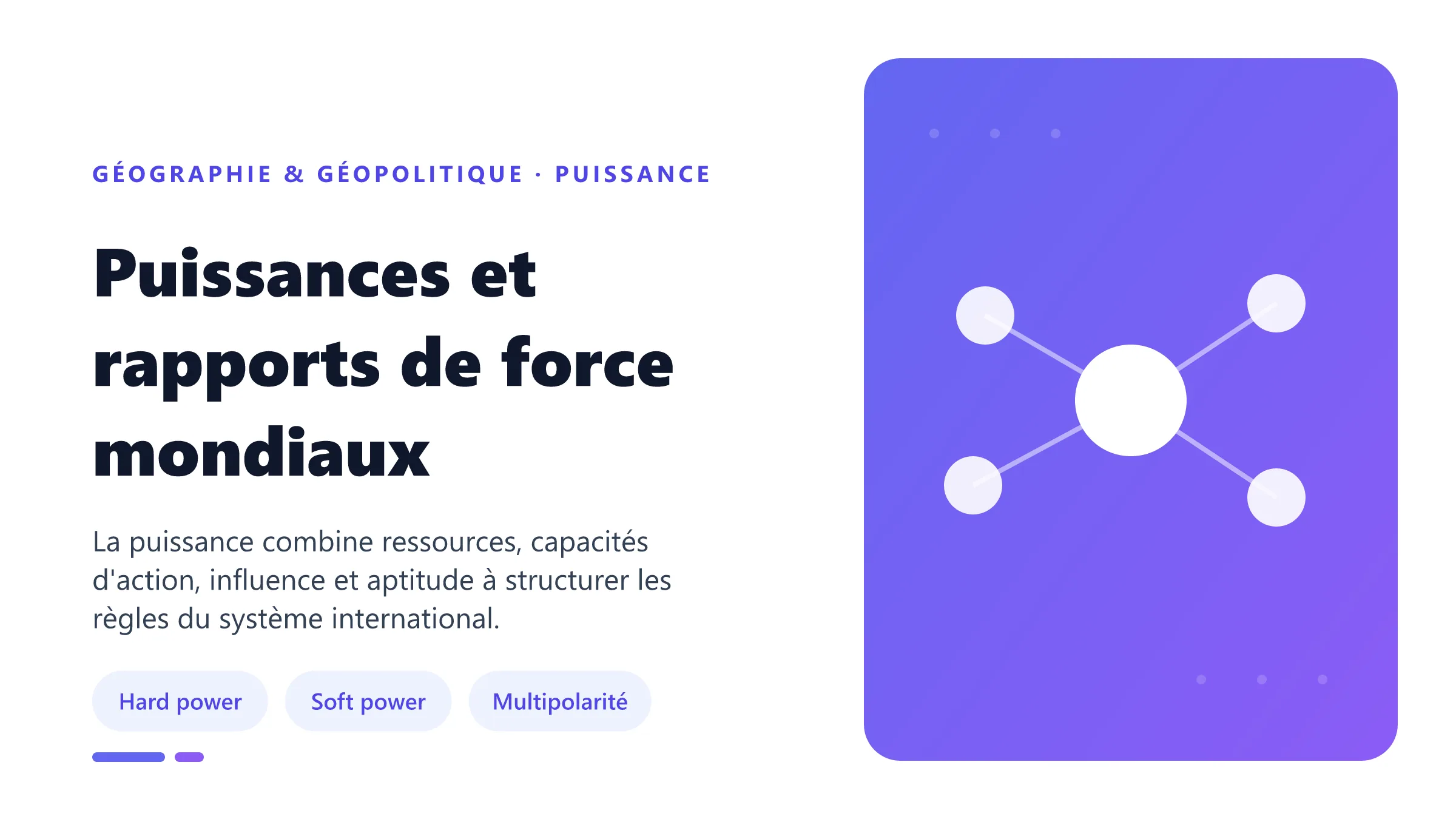 Puissances et rapports de force mondiaux Rapports de puissance mondiaux combinant capacités militaires, économie, diplomatie, culture et technologie.