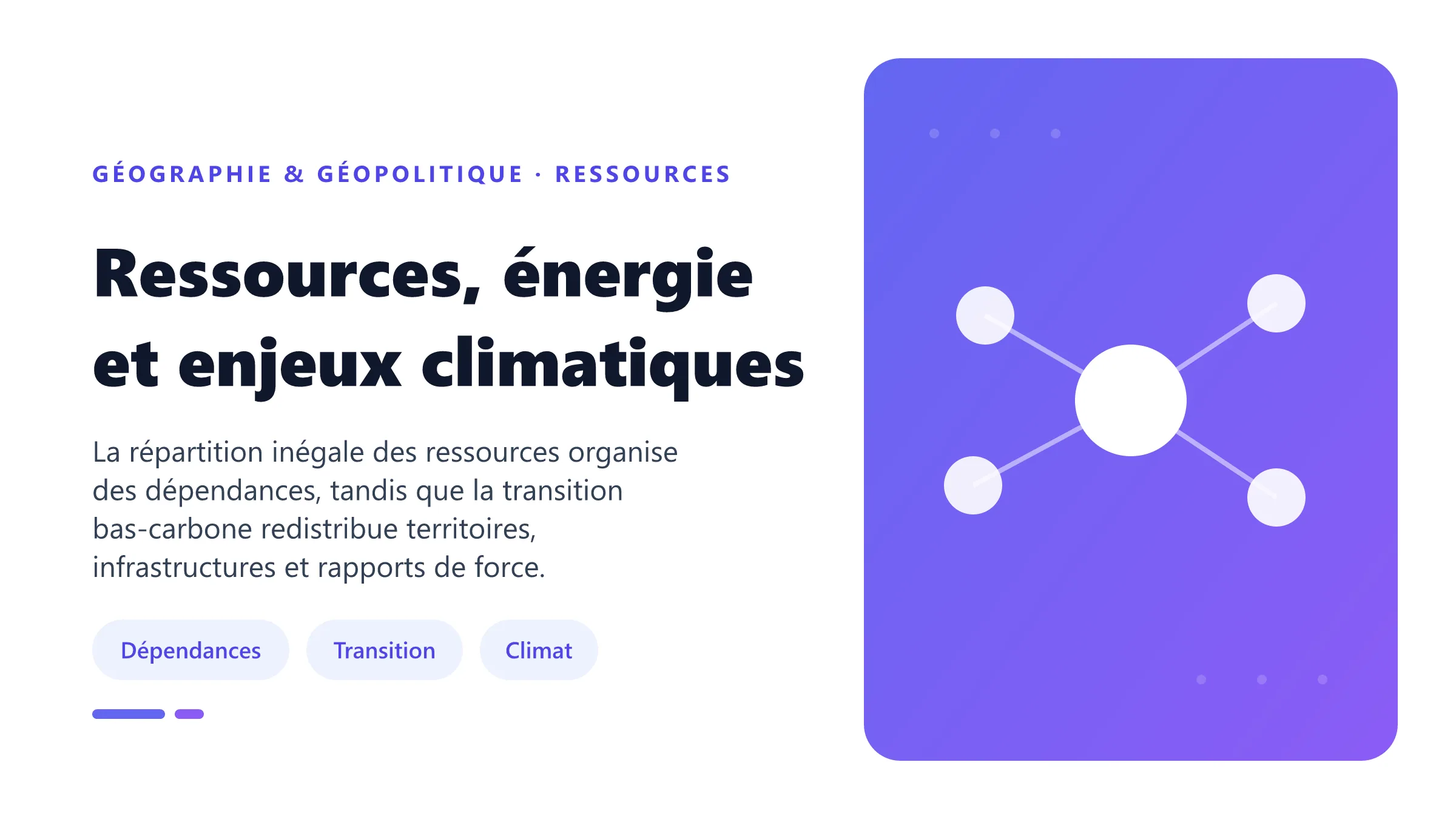 Ressources, énergie et enjeux climatiques Système géopolitique reliant ressources énergétiques, dépendances territoriales, émissions et transition climatique.