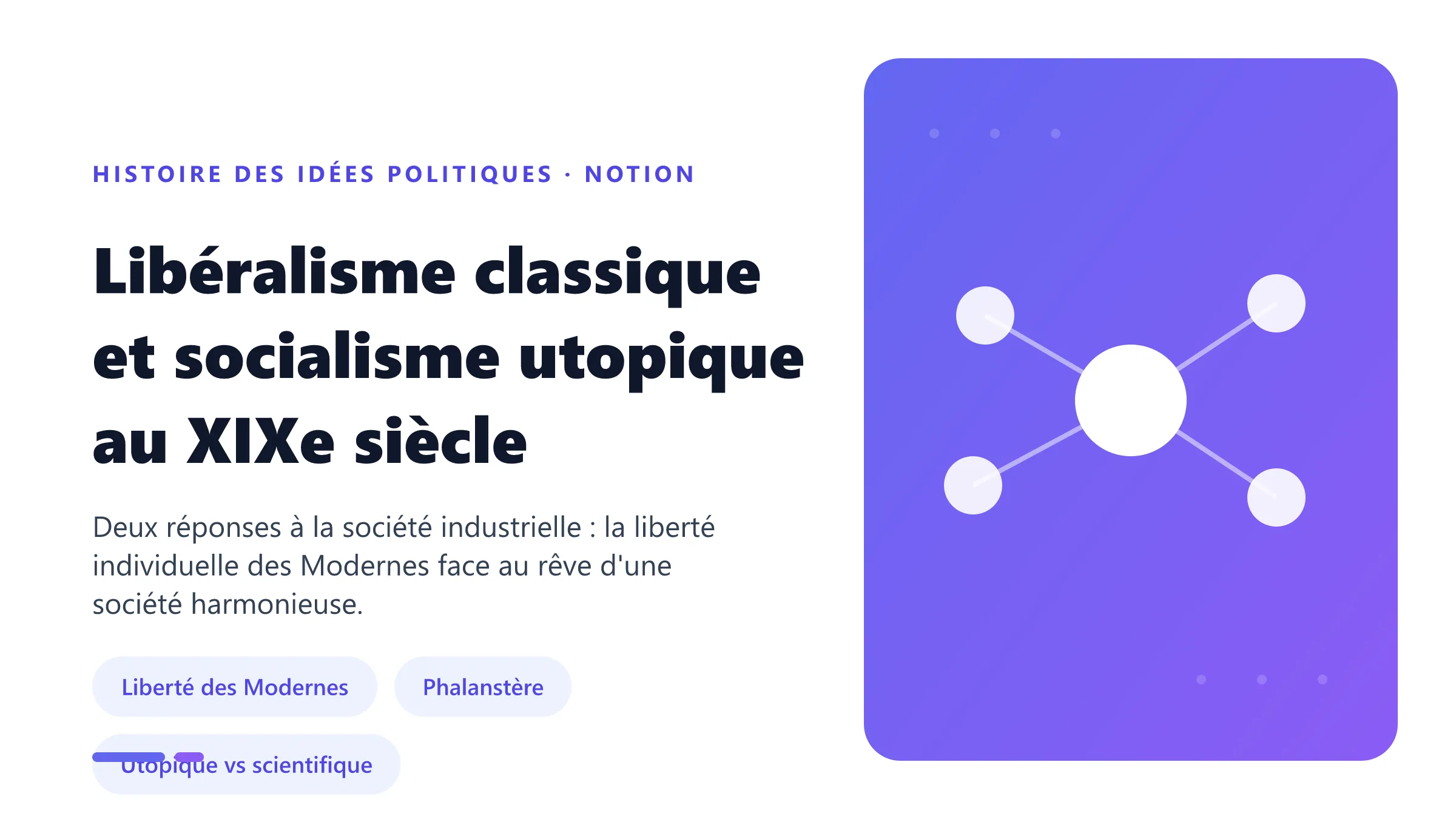 Libéralisme classique et socialisme utopique au XIXe siècle Libéralisme classique et socialisme utopique : liberté individuelle contre projet de société coopérative.