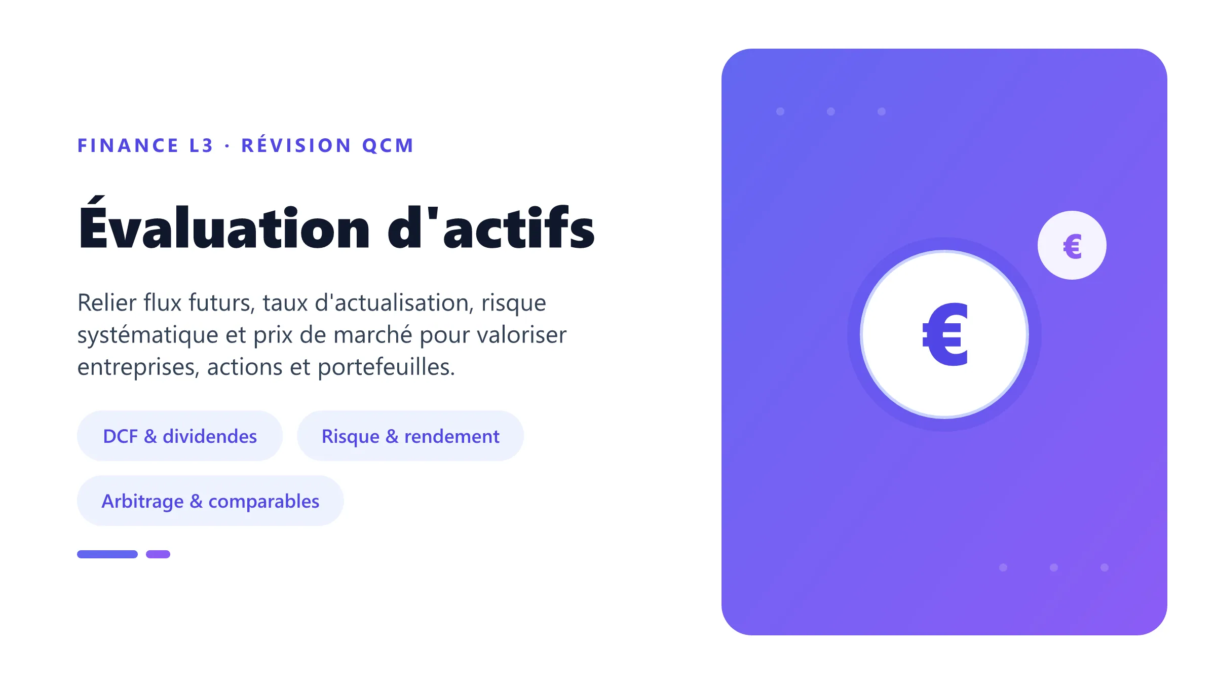 Évaluation d'actifs Illustration académique de l'évaluation d'actifs reliant flux futurs, actualisation, portefeuille, MEDAF et valorisation relative.