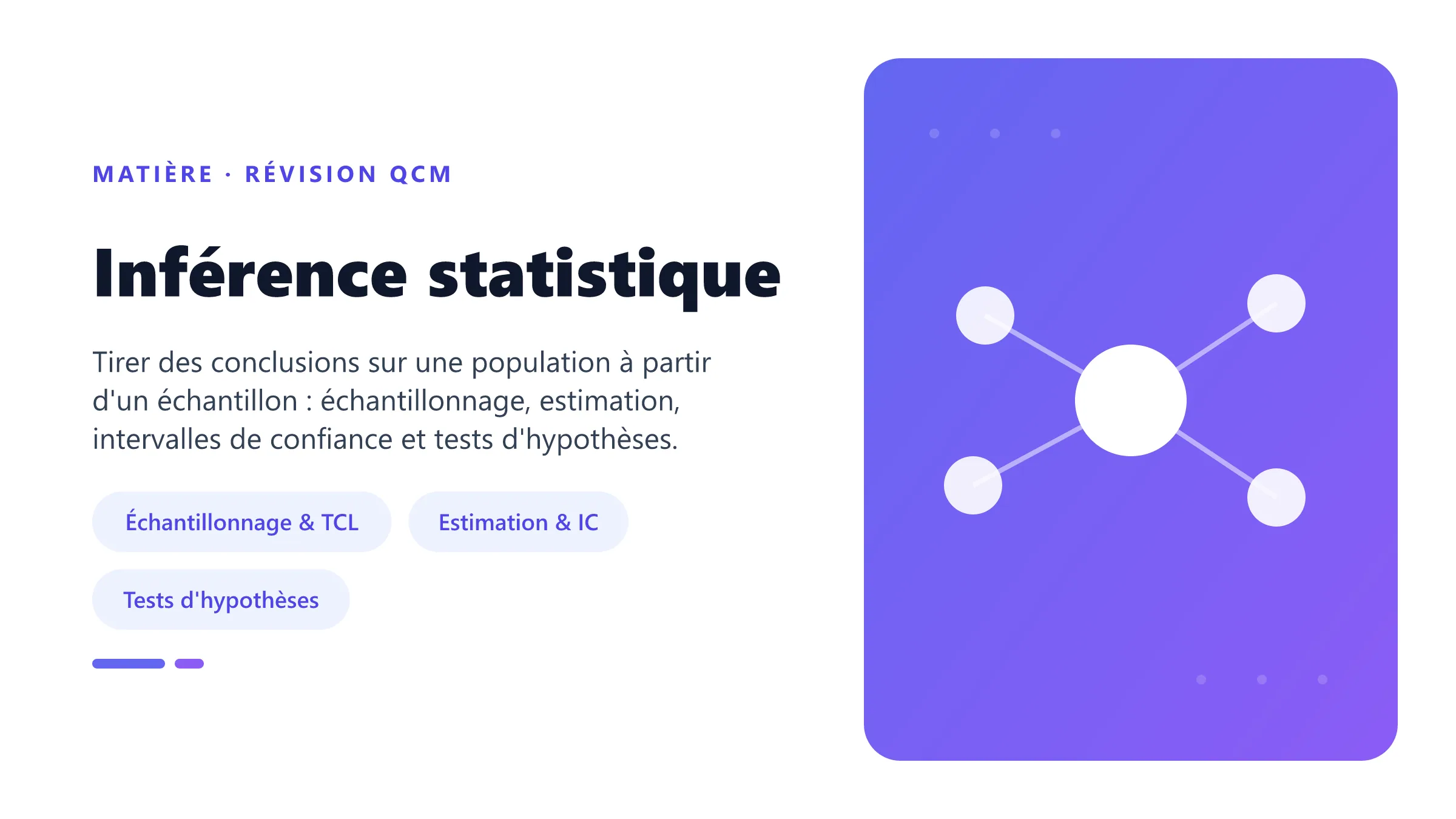 Inférence statistique Illustration de la matière Inférence statistique : distribution d'échantillonnage, estimation ponctuelle, intervalles de confiance, tests d'hypothèses et khi-deux.