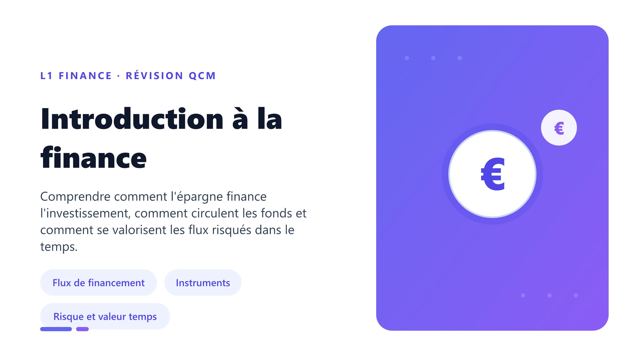 Introduction à la finance Illustration d'introduction à la finance reliant agents économiques, marchés, intermédiaires, instruments financiers, risque et actualisation.