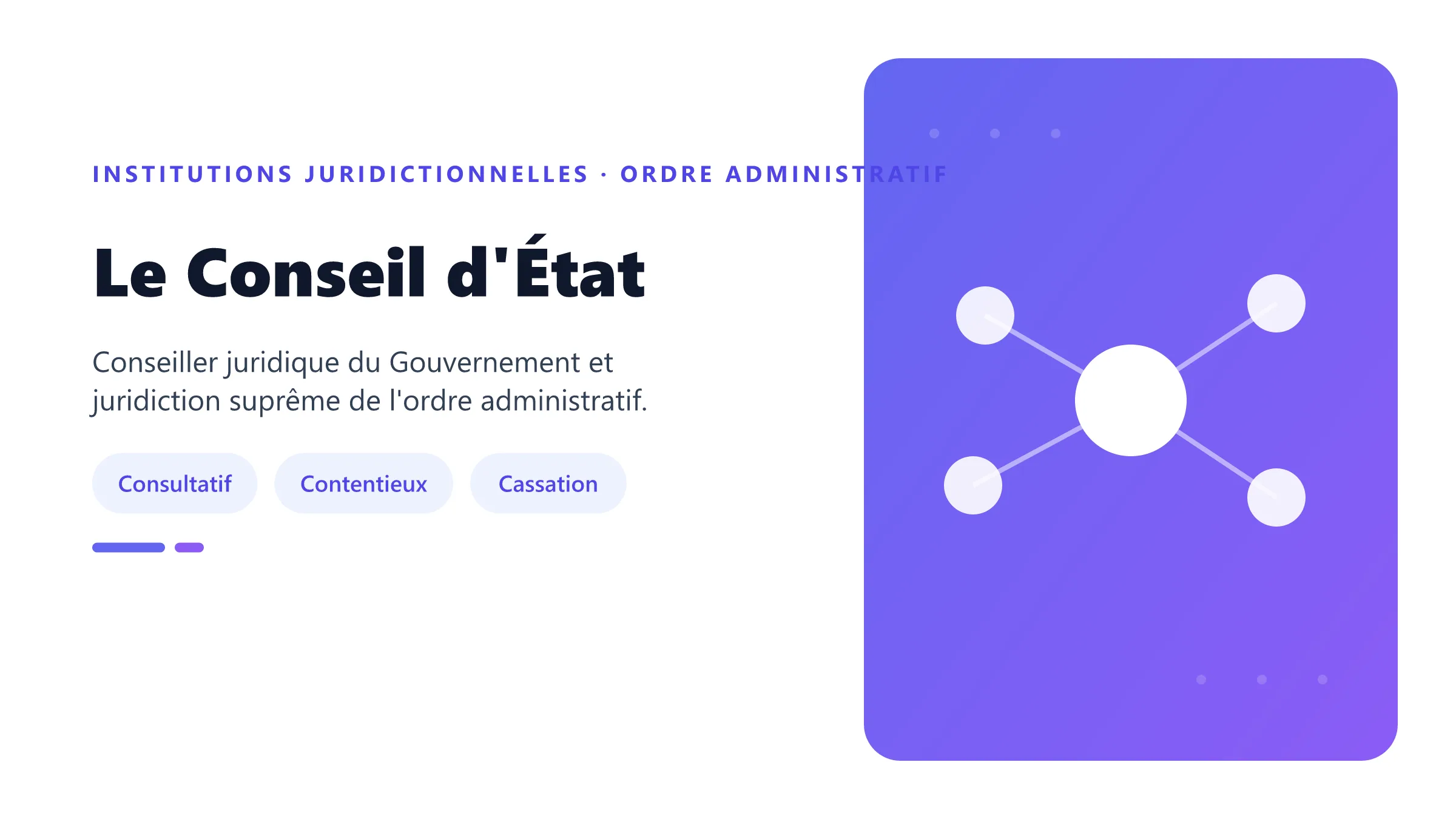Le Conseil d'État Conseil d'État présenté dans sa double fonction consultative auprès du Gouvernement et contentieuse au sommet de l'ordre administratif.