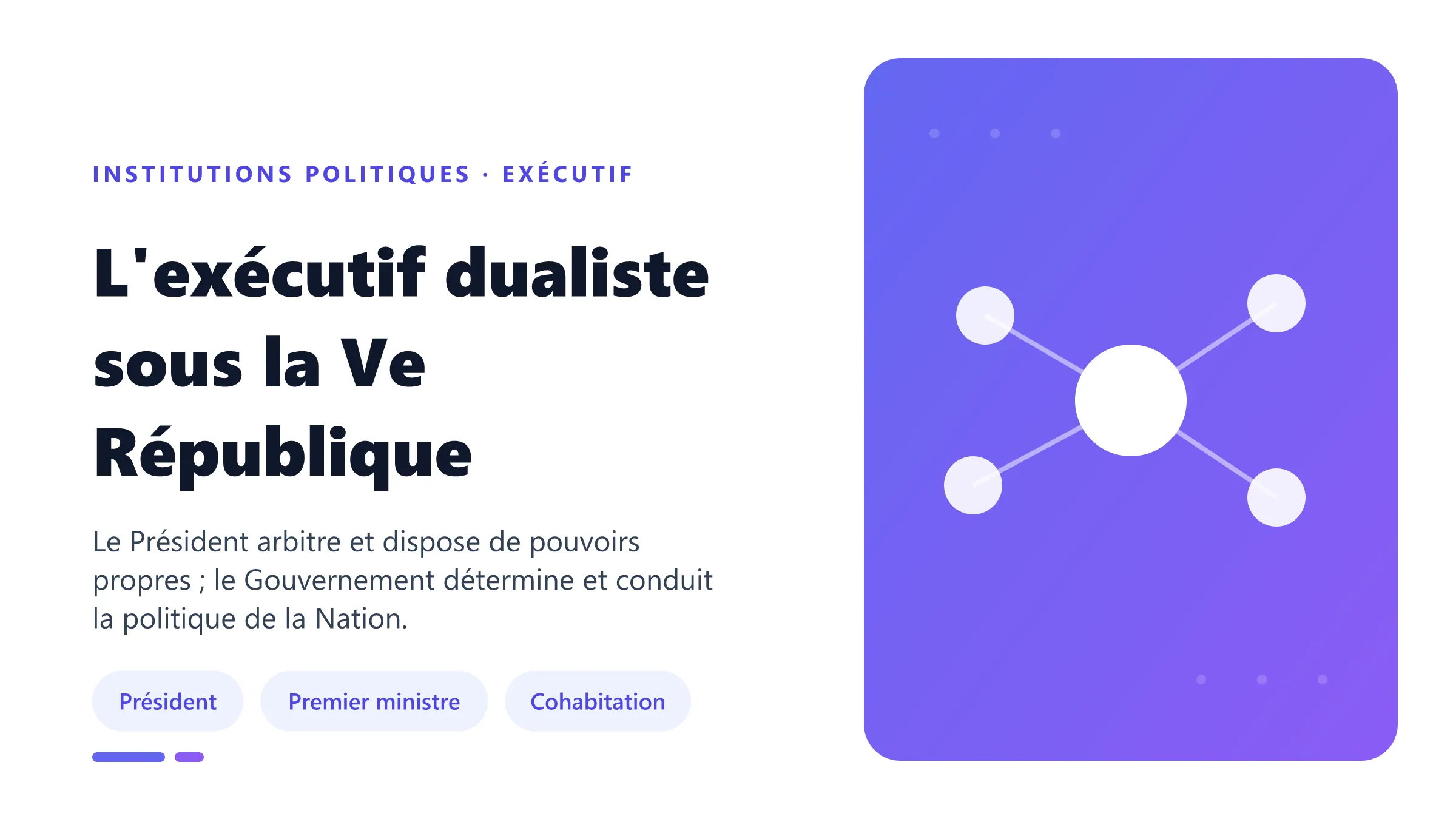 L'exécutif dualiste sous la Ve République Exécutif dualiste de la Ve République répartissant les compétences entre Président de la République et Premier ministre.