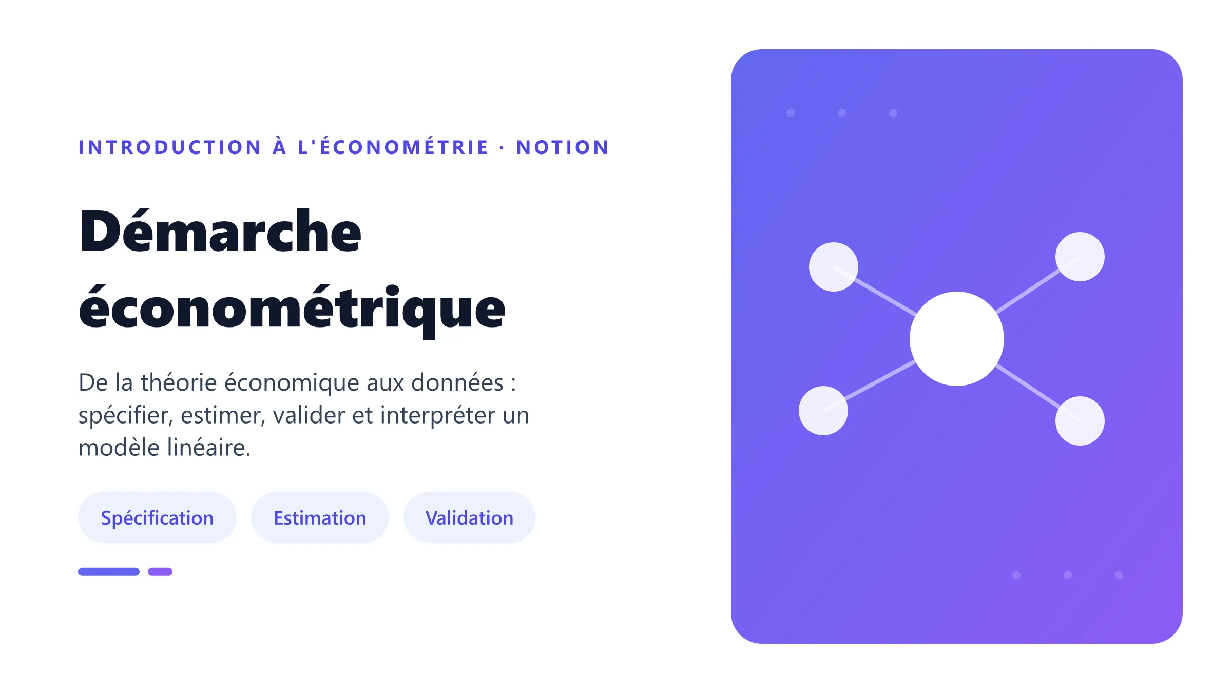 Démarche économétrique La démarche économétrique enchaîne la spécification du modèle, son estimation, sa validation par les tests, puis l'interprétation.