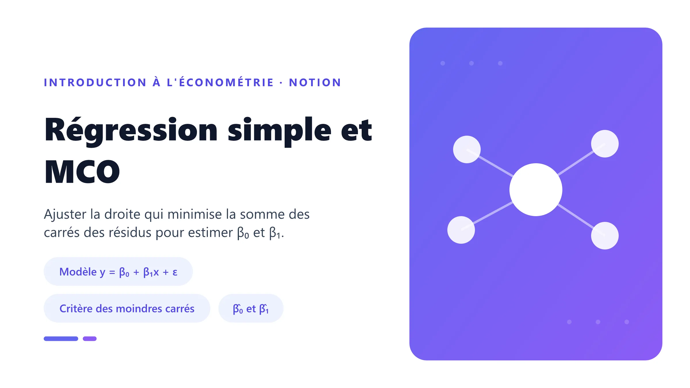 Régression simple et MCO La régression simple estime une droite par les moindres carrés ordinaires en minimisant la somme des carrés des résidus.
