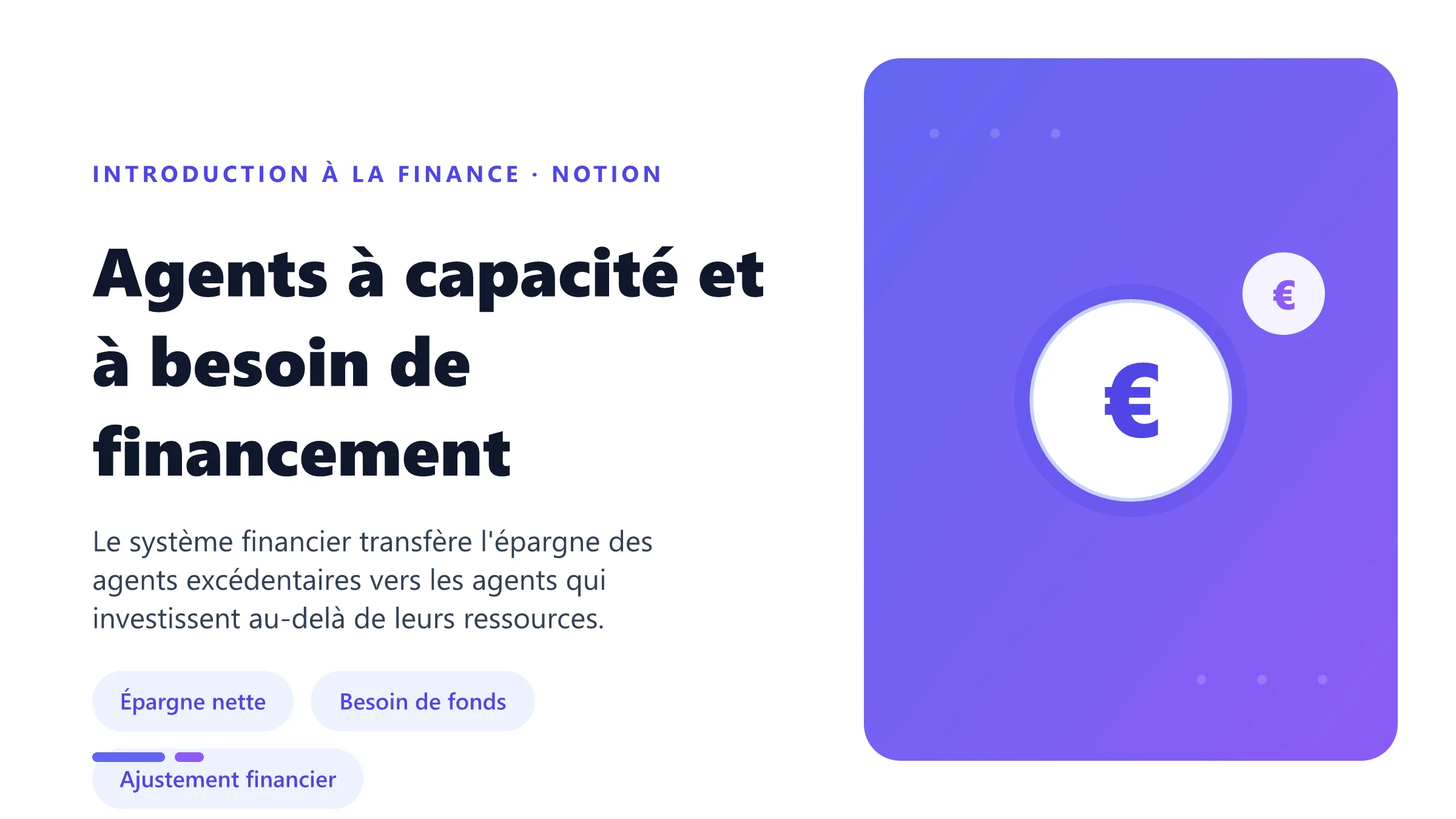 Agents à capacité et à besoin de financement reliés par le transfert de l'épargne vers l'investissement.